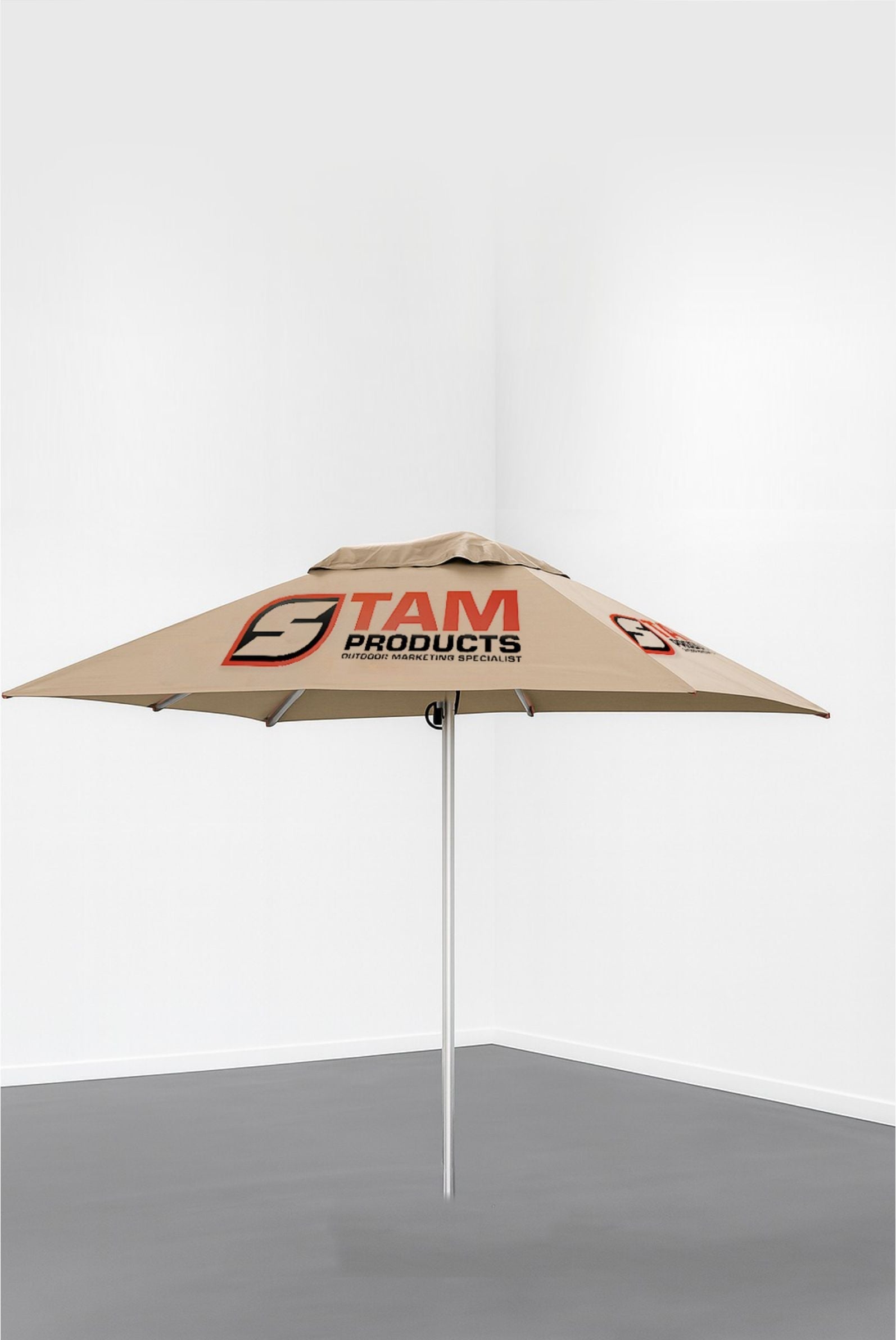 Stam Products custom printed branded square umbrella with beige canopy and logo, aluminum frame, weather-resistant fabric for outdoor branding and events