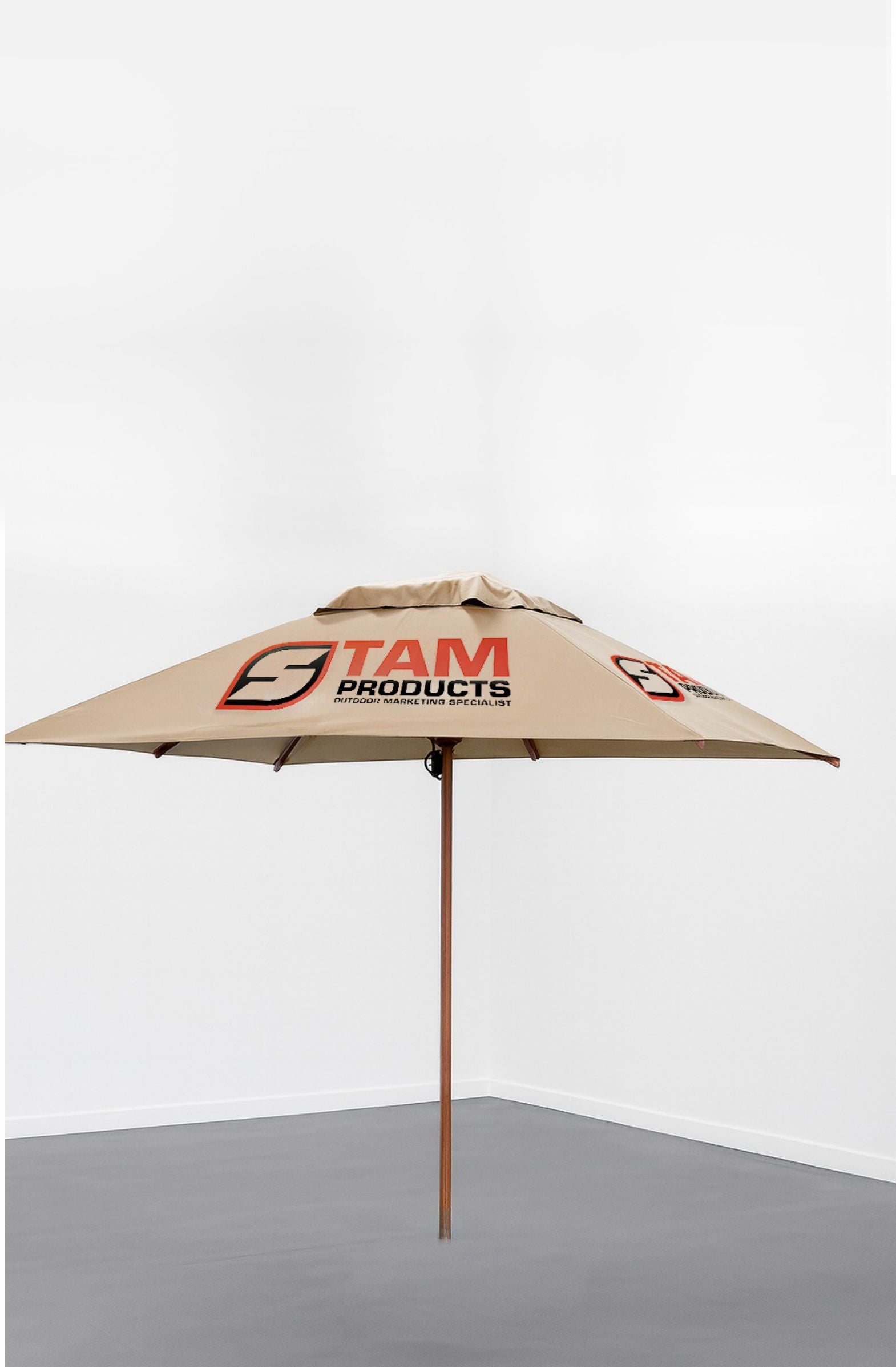 Custom printed beige square umbrella by Stam Products with branded logo, designed for outdoor events and promotions.