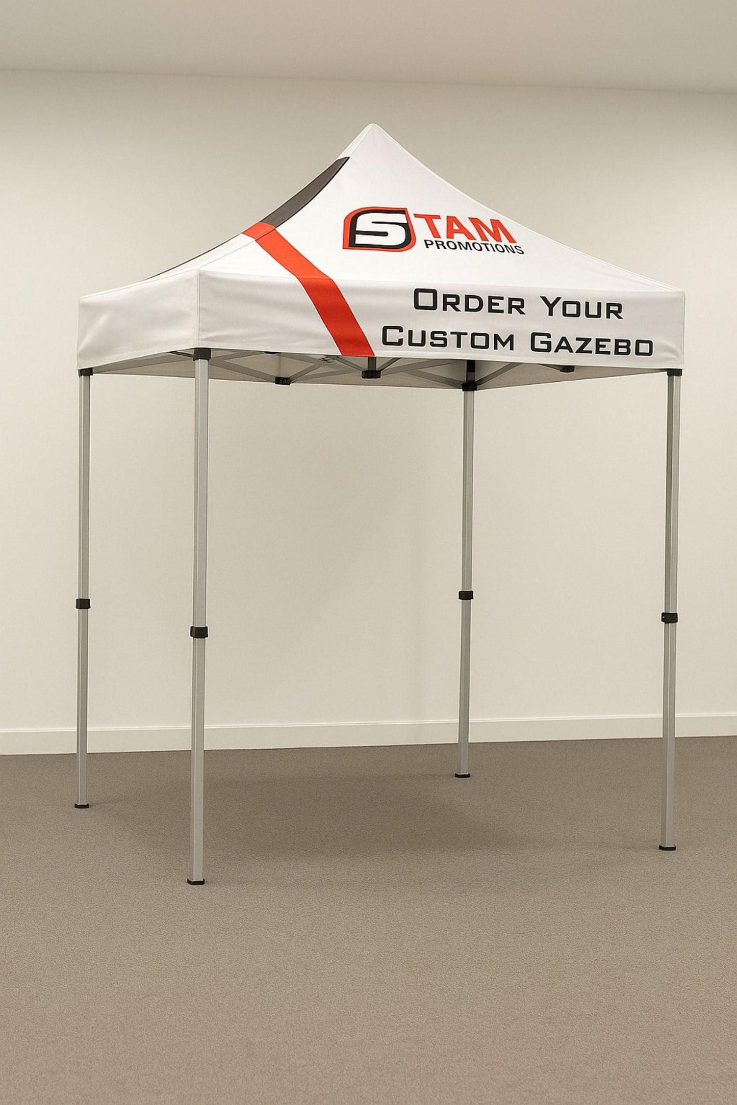 Stam Products custom printed branded 2m x 2m gazebo with steel frame and promotional roof design
