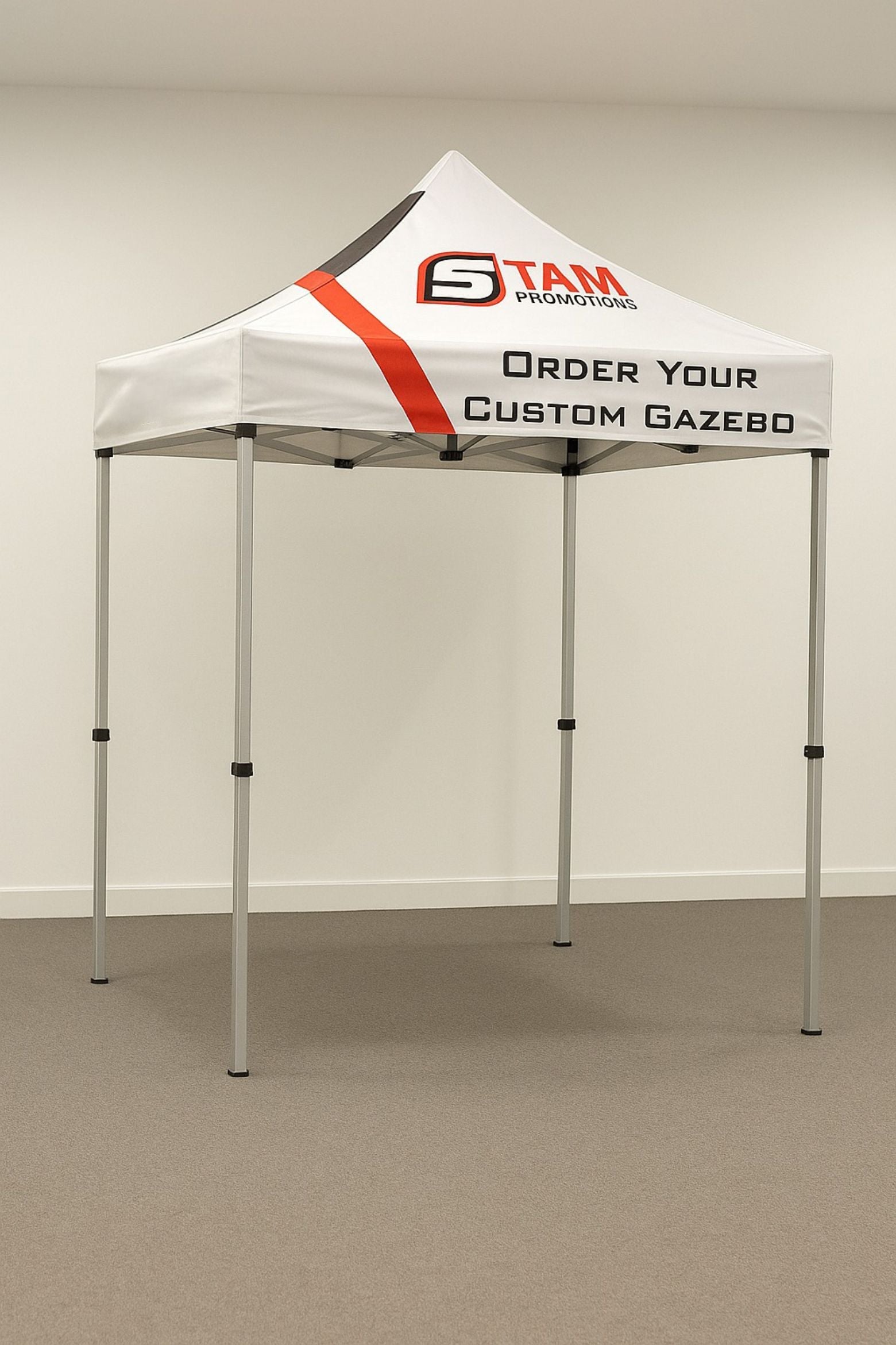Stam Products custom printed branded 2m x 2m gazebo with steel frame and promotional roof design