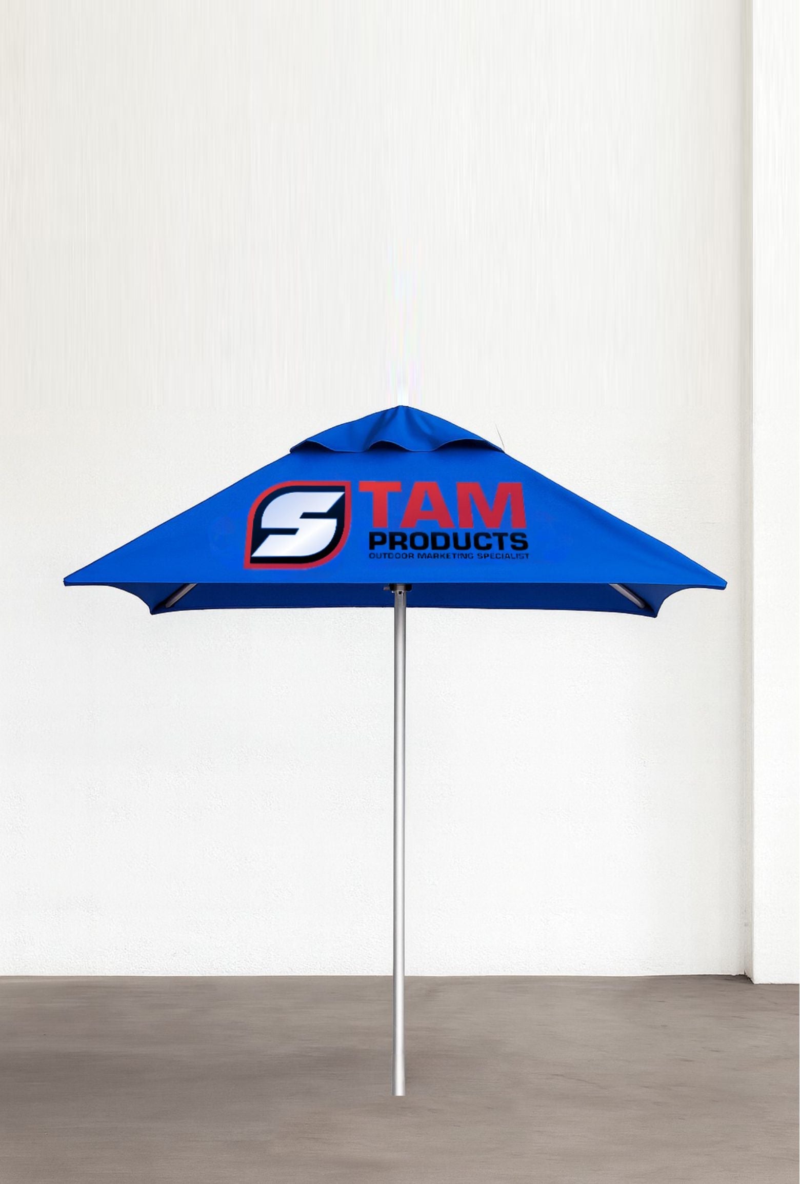 Blue Stam Products custom printed branded square umbrella with logo on canopy and silver pole against plain white background