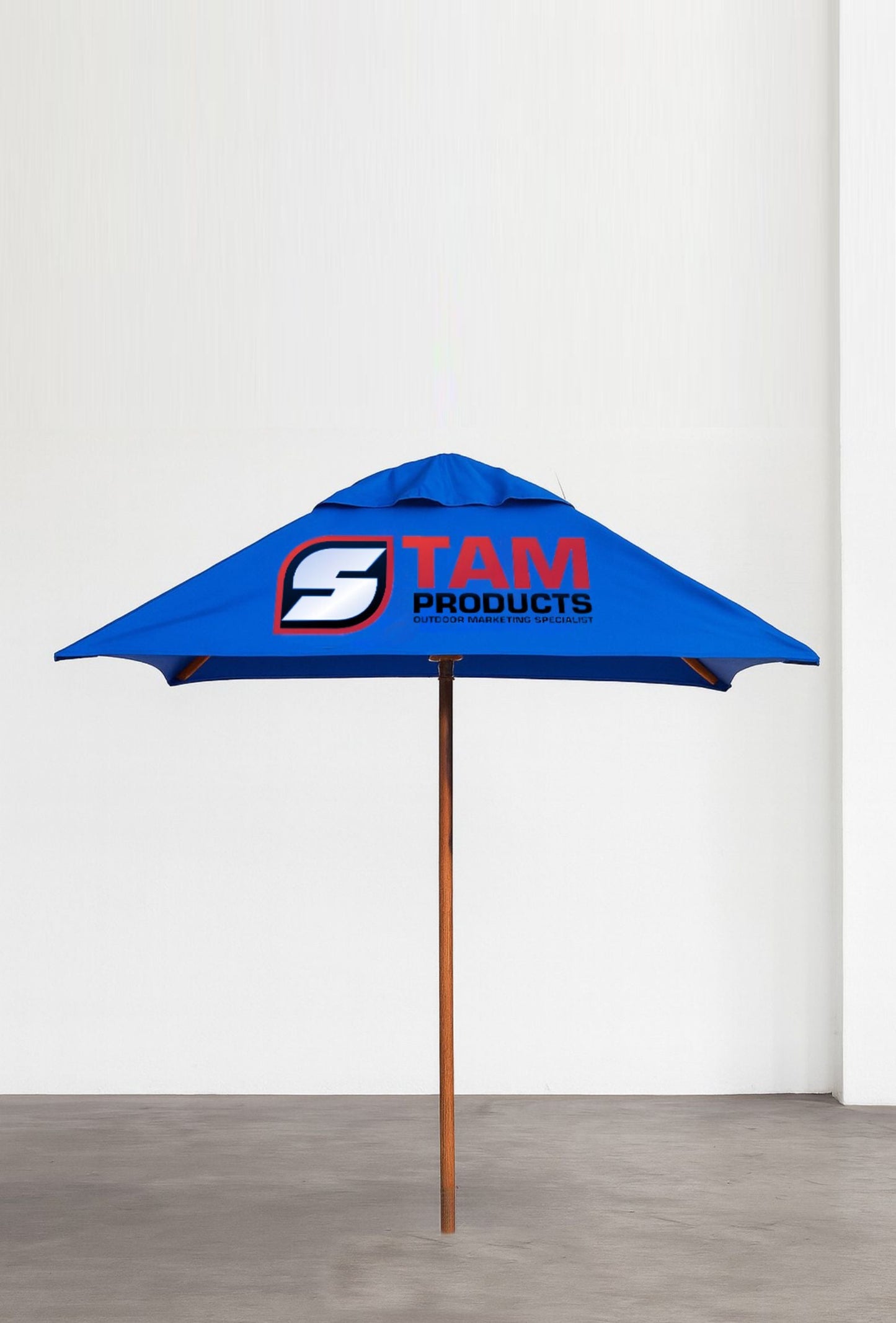 Blue Stam Products custom printed branded square umbrella with wooden frame and logo canopy displayed indoors