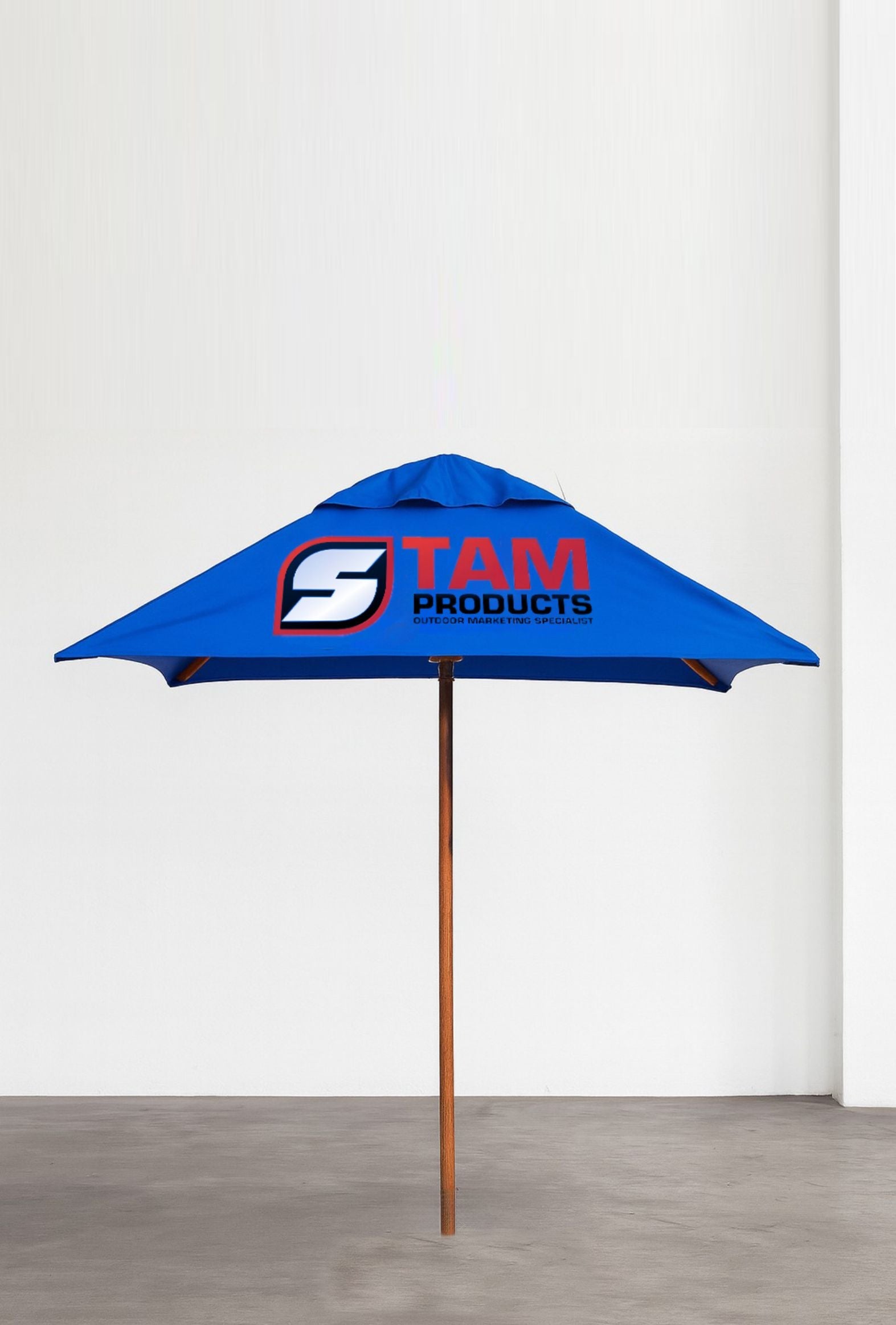 Blue Stam Products custom printed branded square umbrella with wooden frame and logo canopy displayed indoors