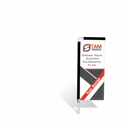 Telescopic flag banner with custom design by Stam Products.