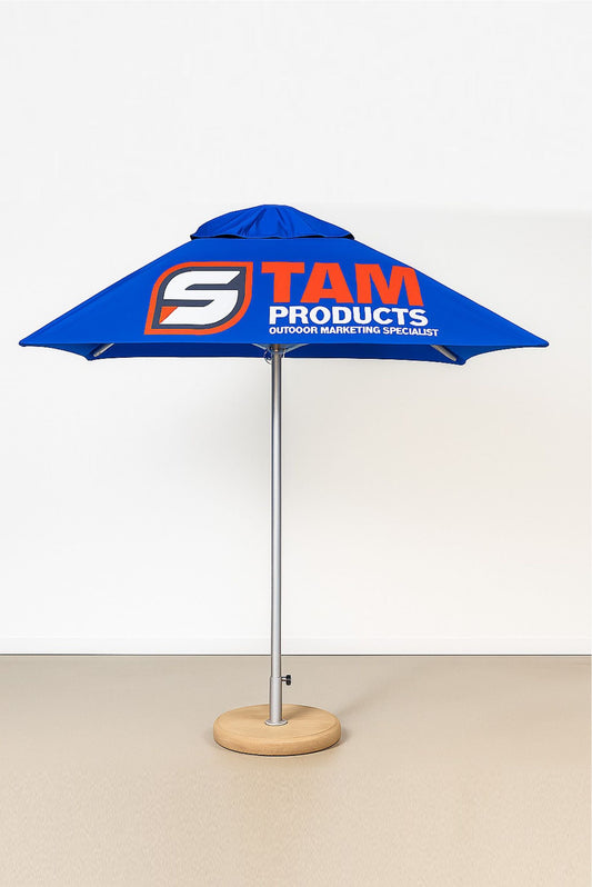 Blue Stam Products custom printed branded square umbrella with wooden base for outdoor marketing and advertising