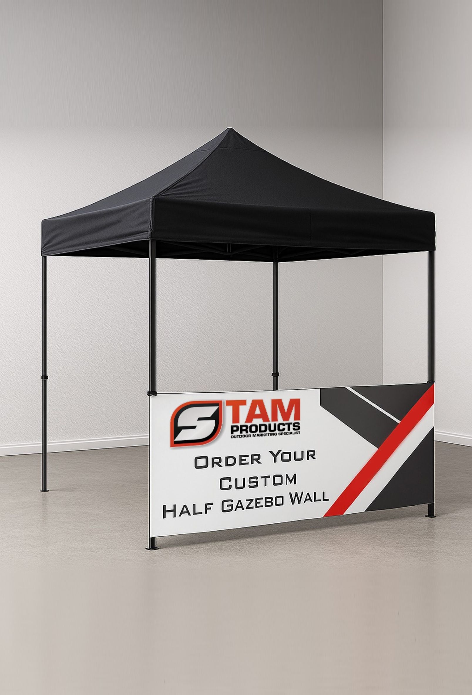 Custom Stam Products branded gazebo half wall with black canopy, promoting order of bespoke printed half gazebo walls.