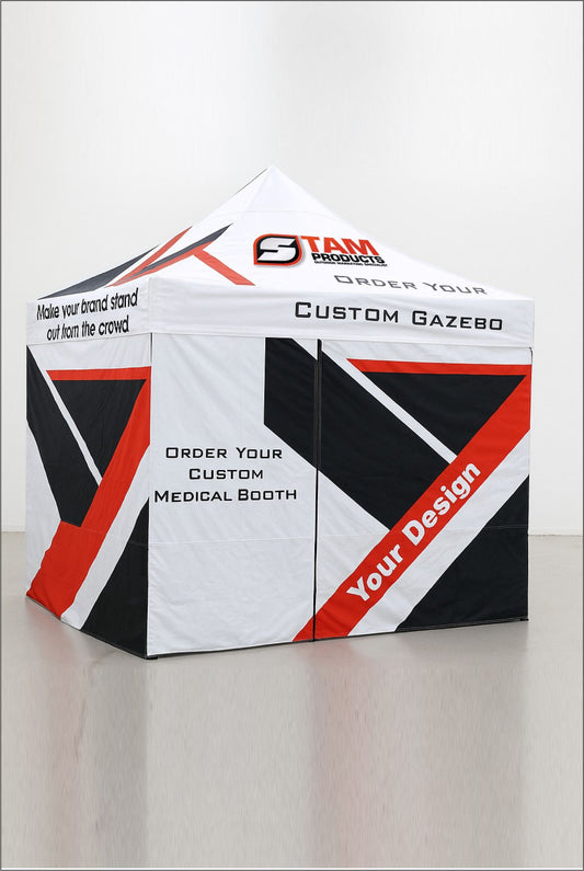 Stam Products' bespoke branded gazebo medical tent with custom design and medical booth branding