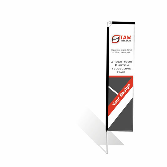 Bespoke branded telescopic flag banner for outdoor events.