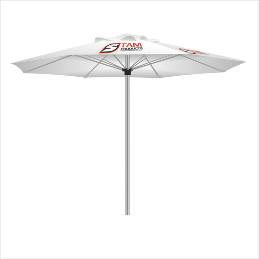 Stam Products bespoke printed branded octagonal umbrella with aluminum frame.