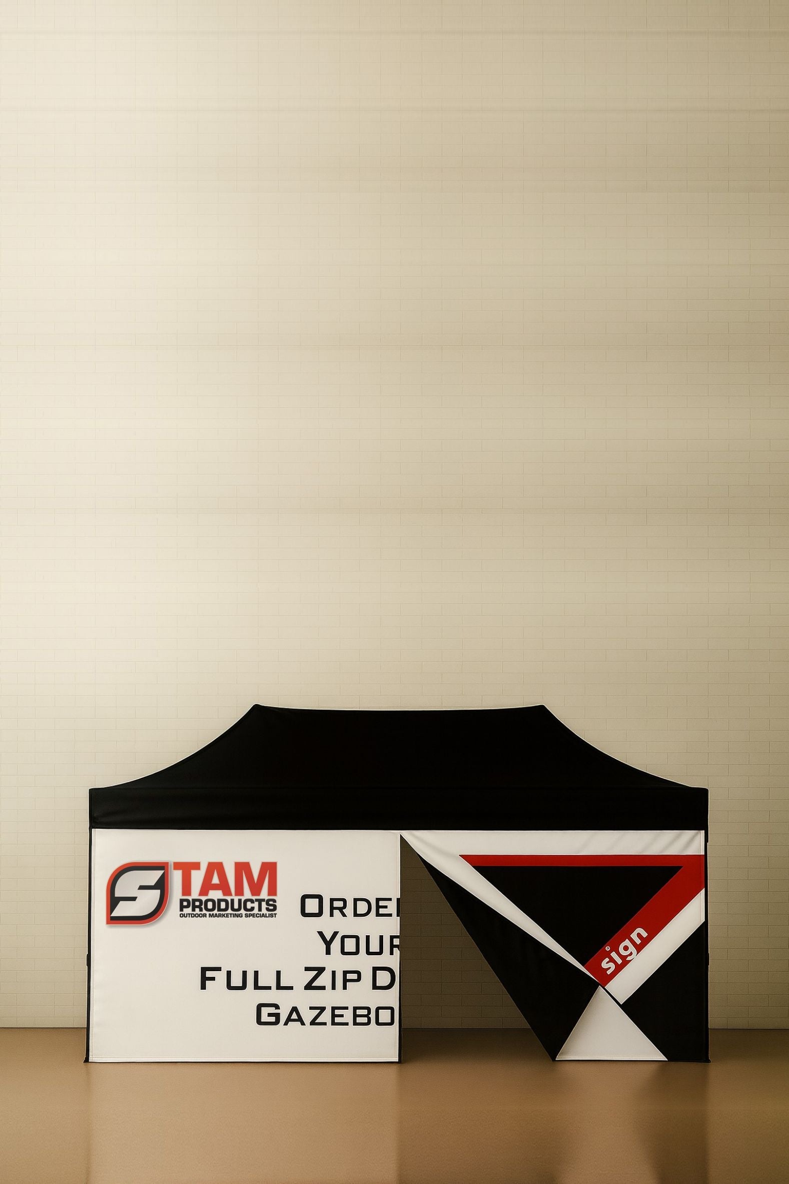 Custom branded gazebo full wall with zip door in black and white by Stam Products for outdoor advertising and event use