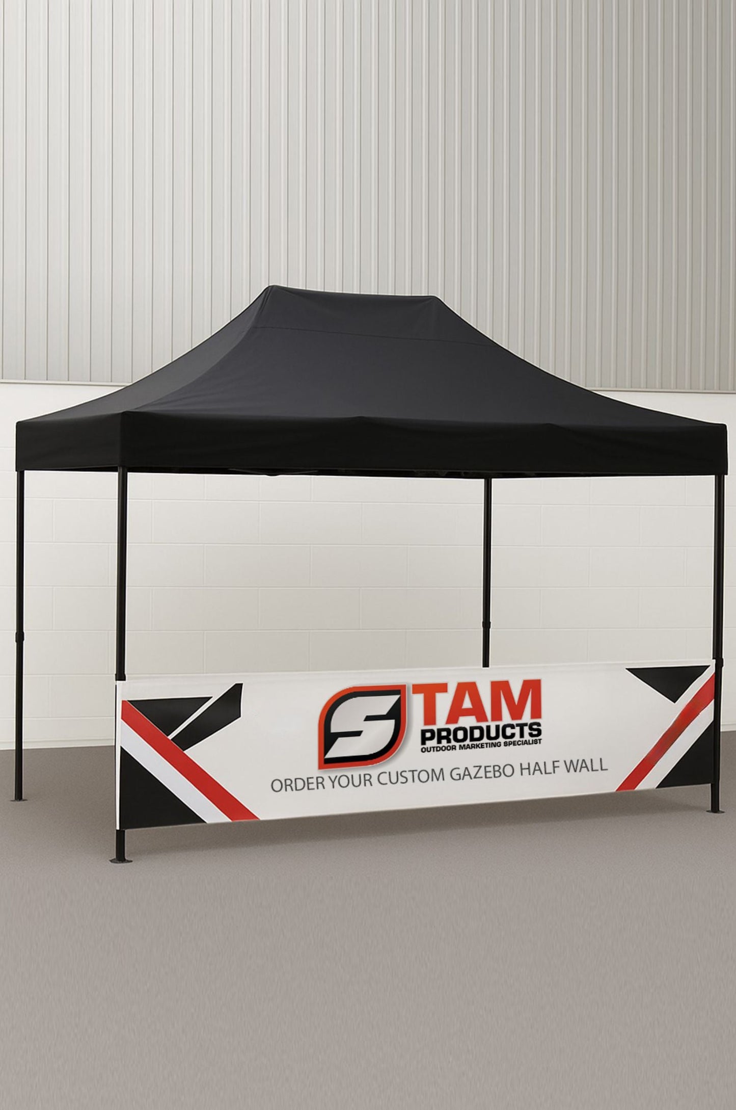 Custom printed Stam Products bespoke branded gazebo half wall attached to black gazebo frame with logo and ordering information.