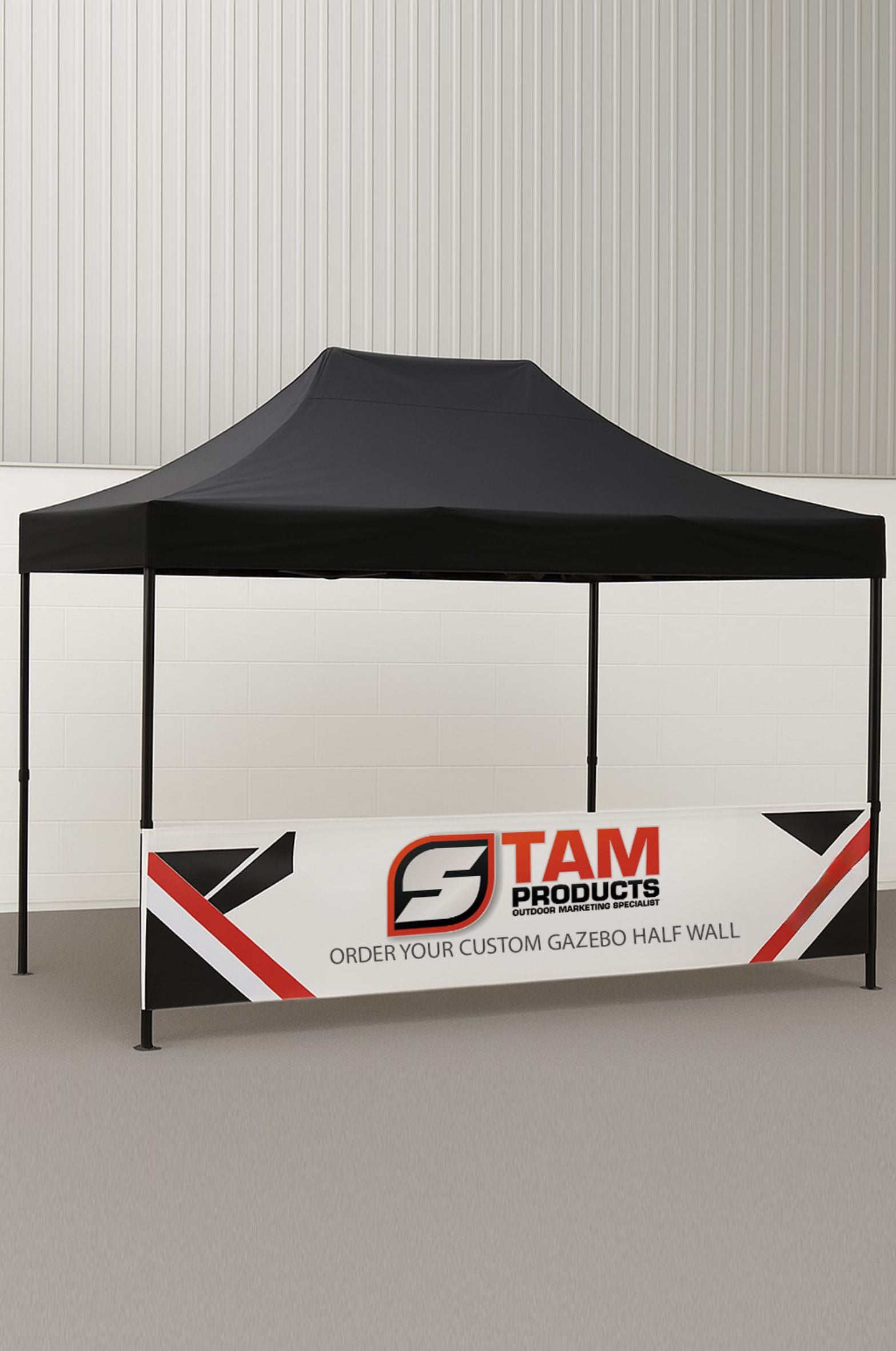 Custom printed Stam Products bespoke branded gazebo half wall attached to black gazebo frame with logo and ordering information.