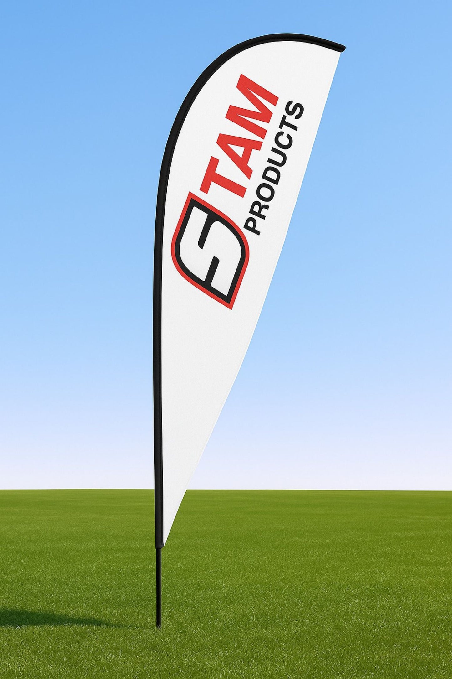 Custom printed Stam Products branded fin flag banner with aluminum frame on grass field