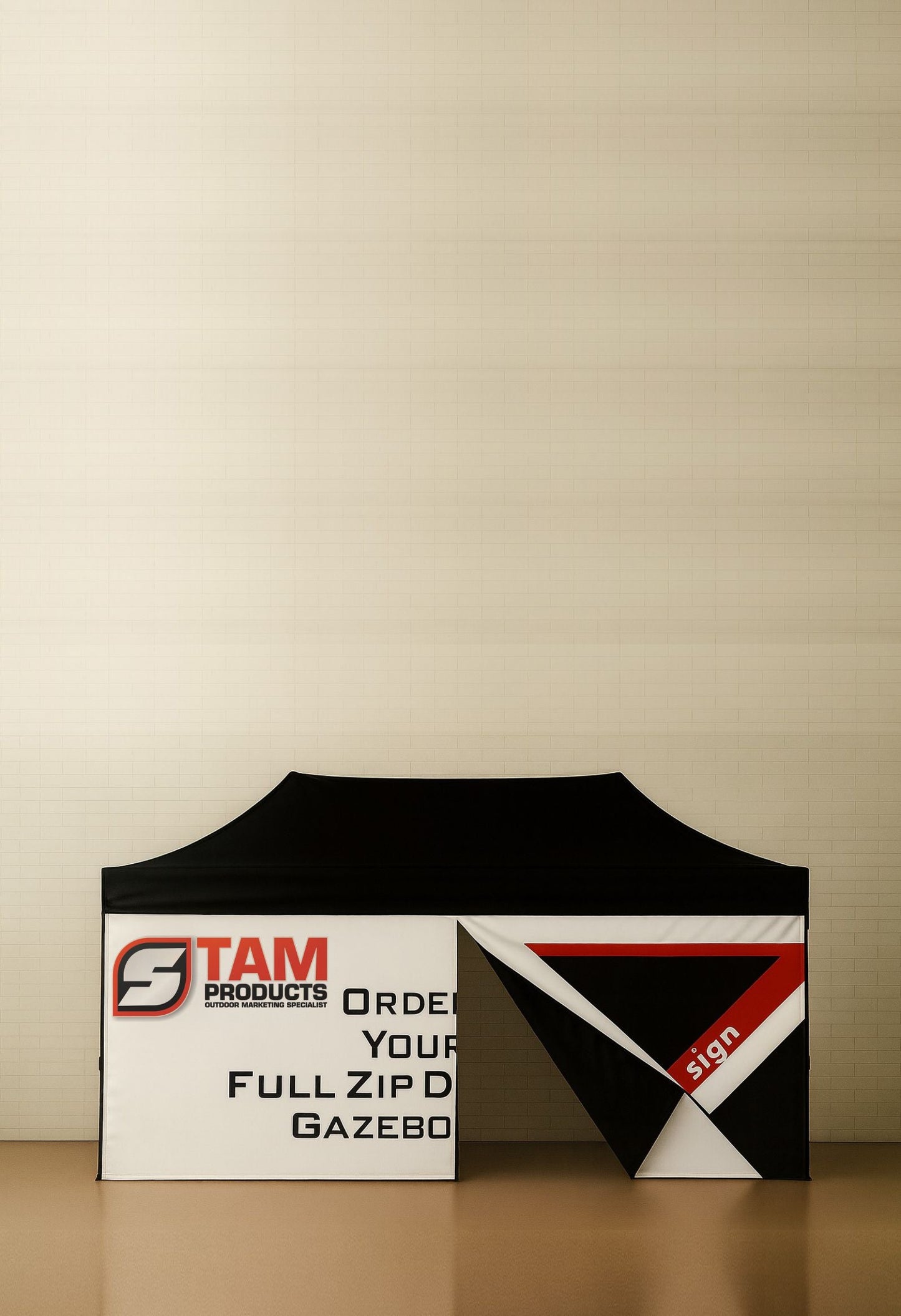 Stam Products custom branded gazebo full wall with zip door and printed canvas panel