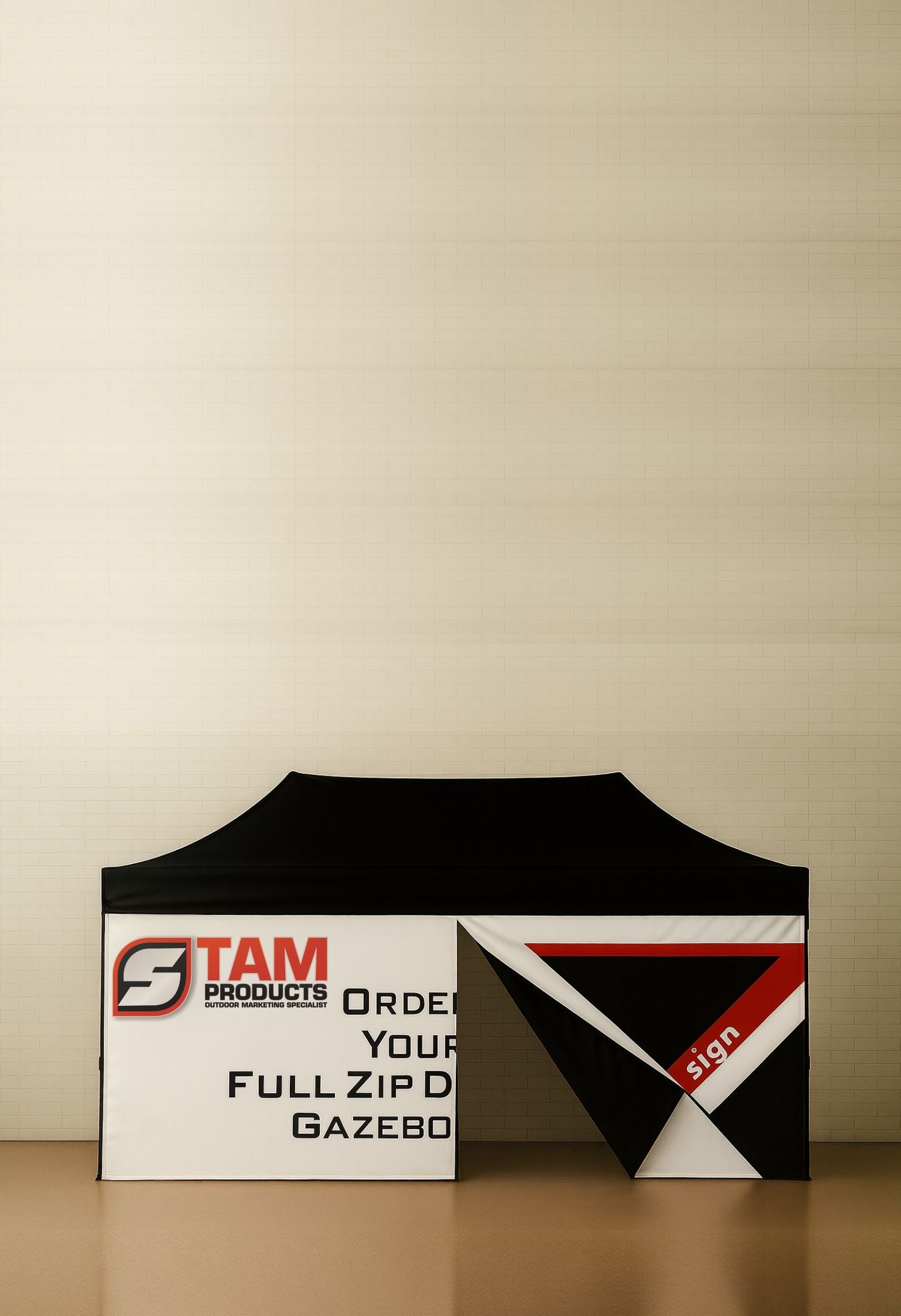 Stam Products custom branded gazebo full wall with zip door and printed canvas panel