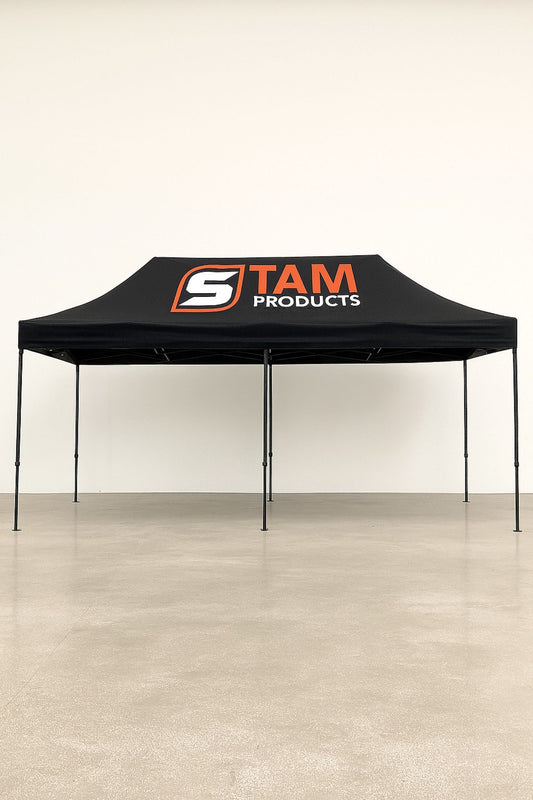 Stam Products custom printed branded gazebo 6m x 3m with black canvas roof and logo on steel frame