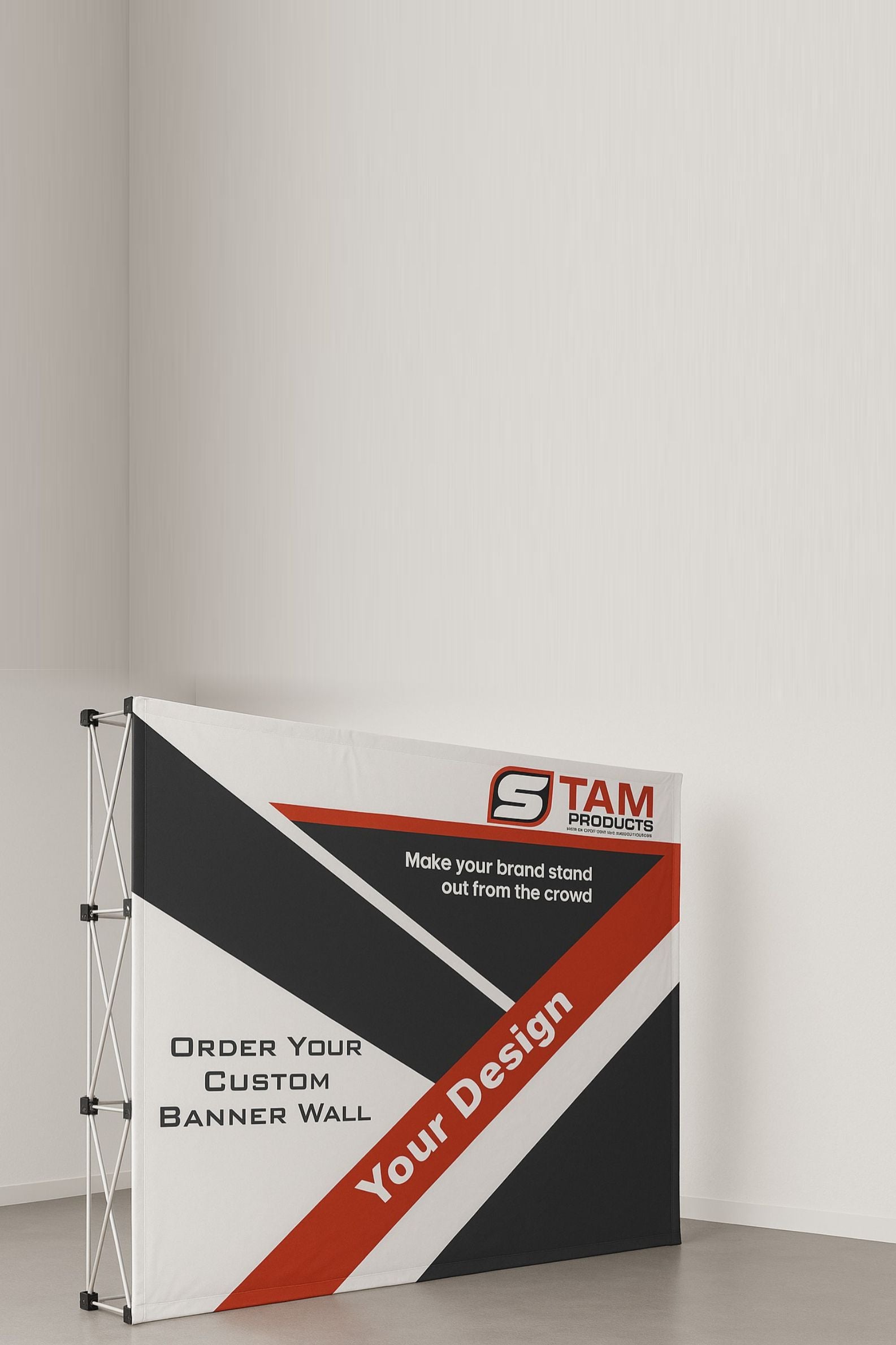 Stam Products custom printed branded straight banner wall with folding aluminium frame and bold geometric design for custom branding.
