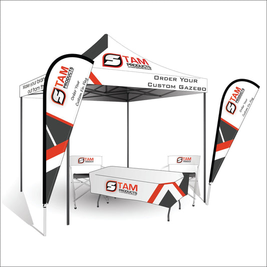 Stam Products Branded Gazebo Combo with flags, chairs, and tablecloth.