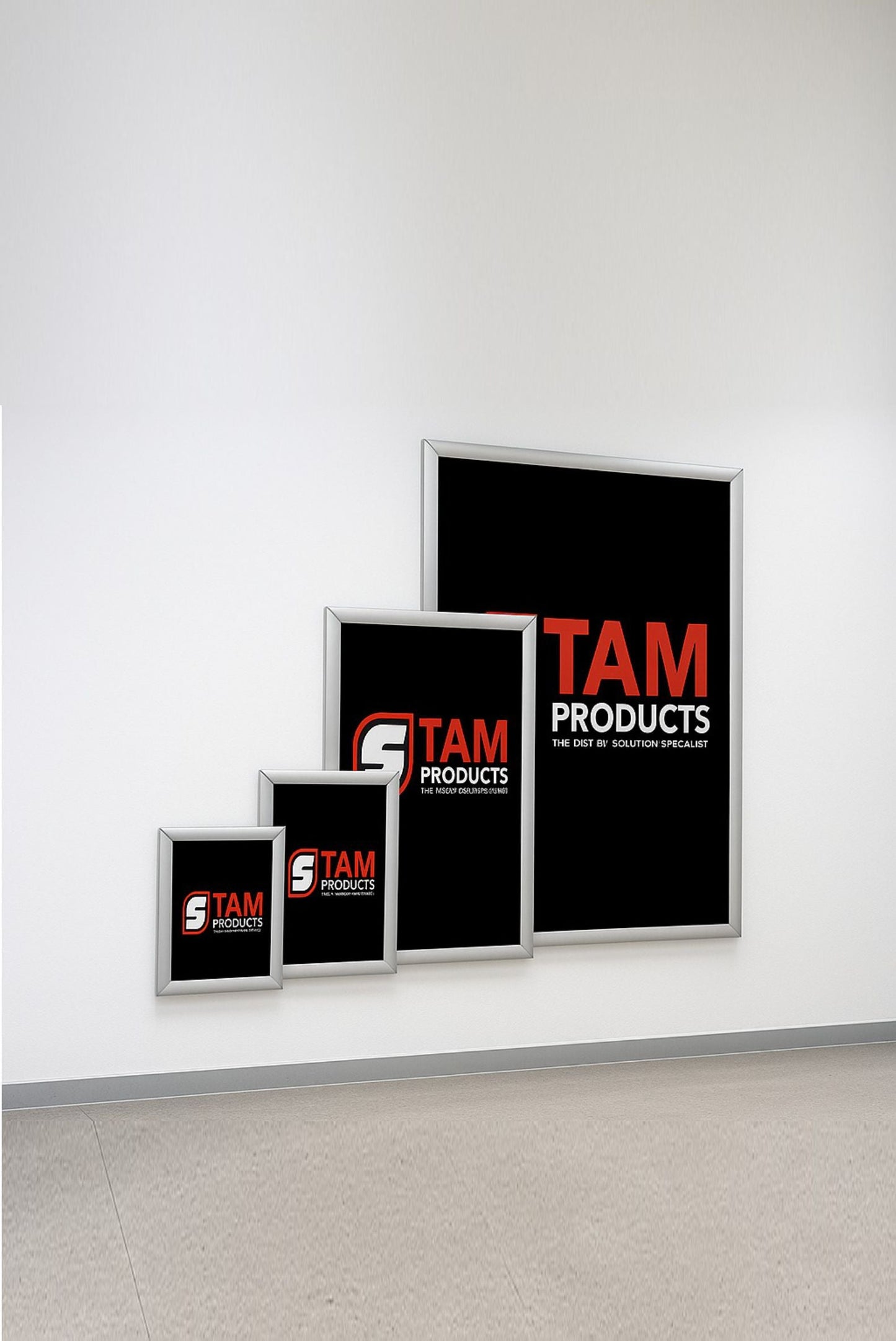 Stam Products Custom aluminium branded clip frame banners in various sizes displayed on a wall with black backgrounds and red and white logo text