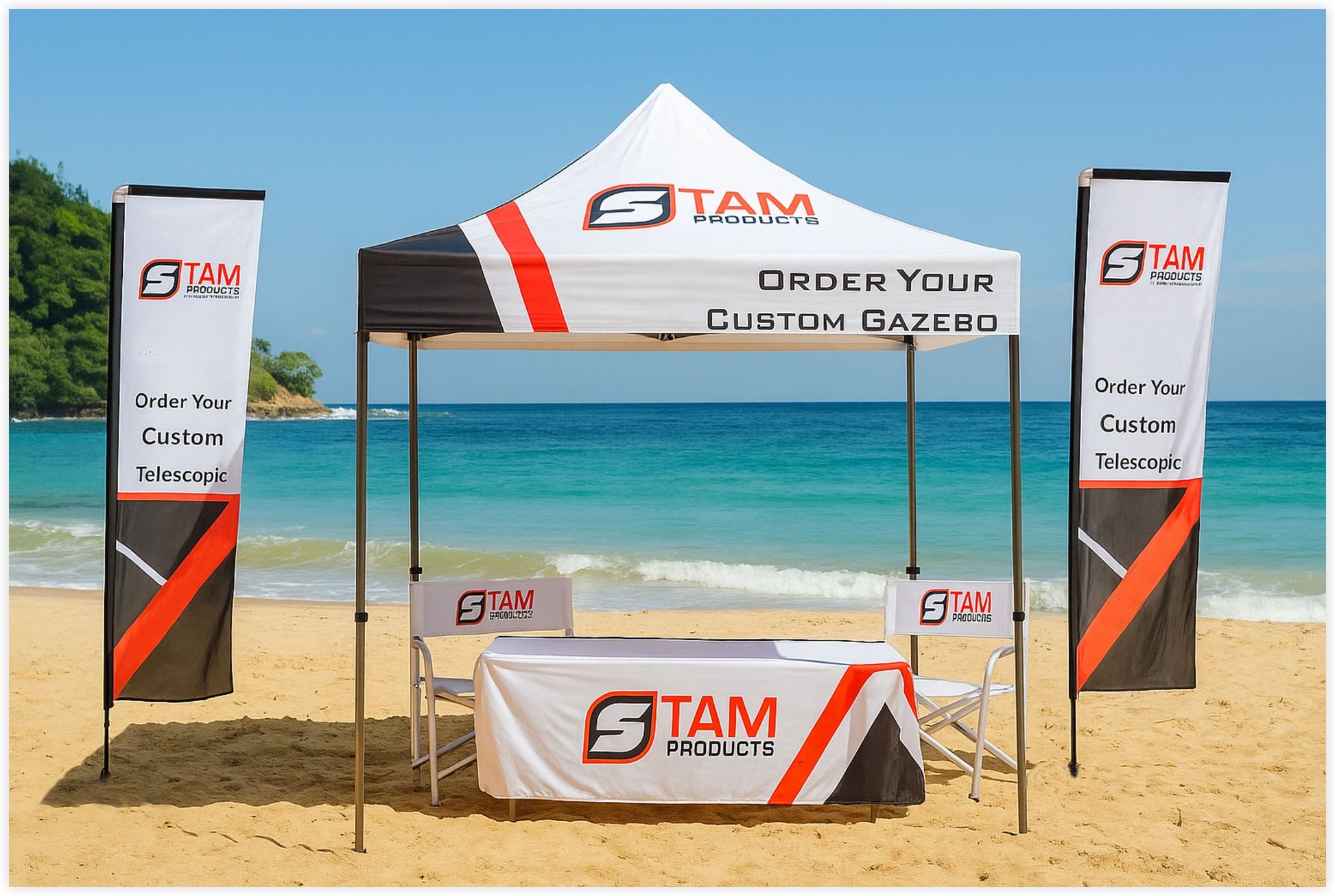 Branded gazebo setup on beach with custom printed canopy, telescopic flags, tablecloth, and director chairs from Stam Products
