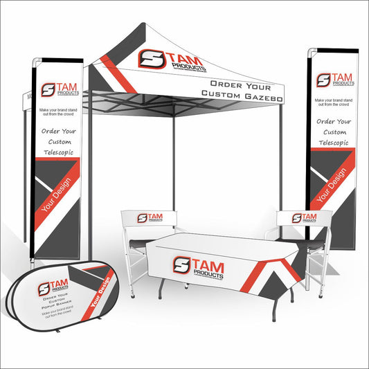 Custom printed branded gazebo set with flags, chairs, tablecloth, and pop-up banner for event marketing.