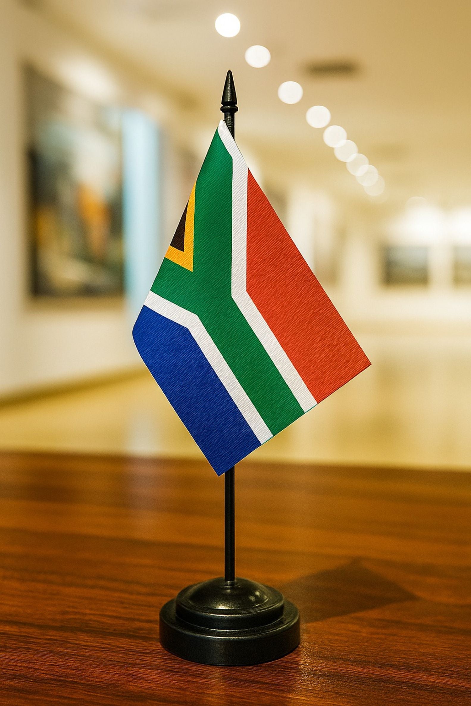 Stam Products high quality custom printed South African country flag on a desk stand with black pole.