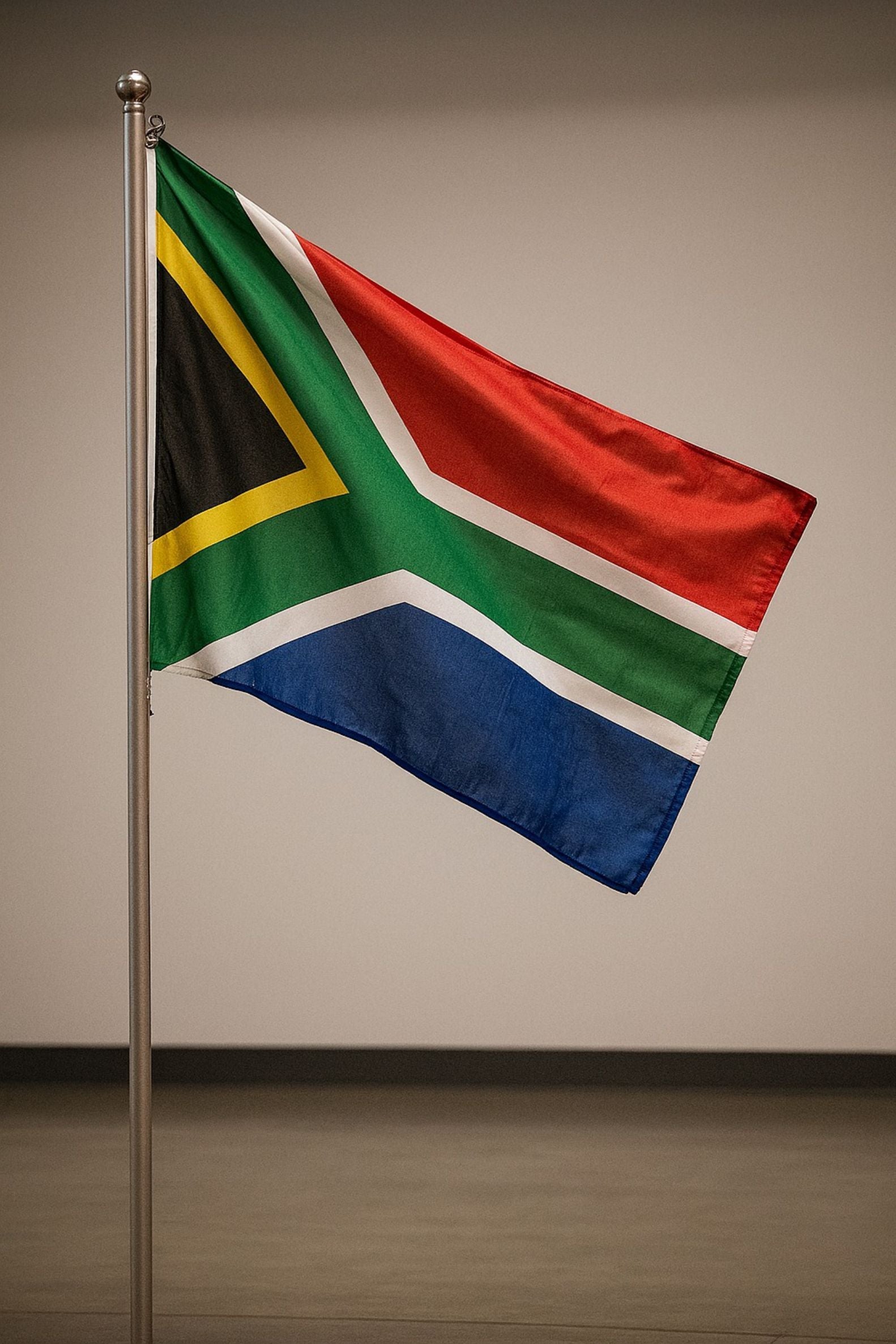 Stam Products high quality custom printed South African country flag on a pole indoors