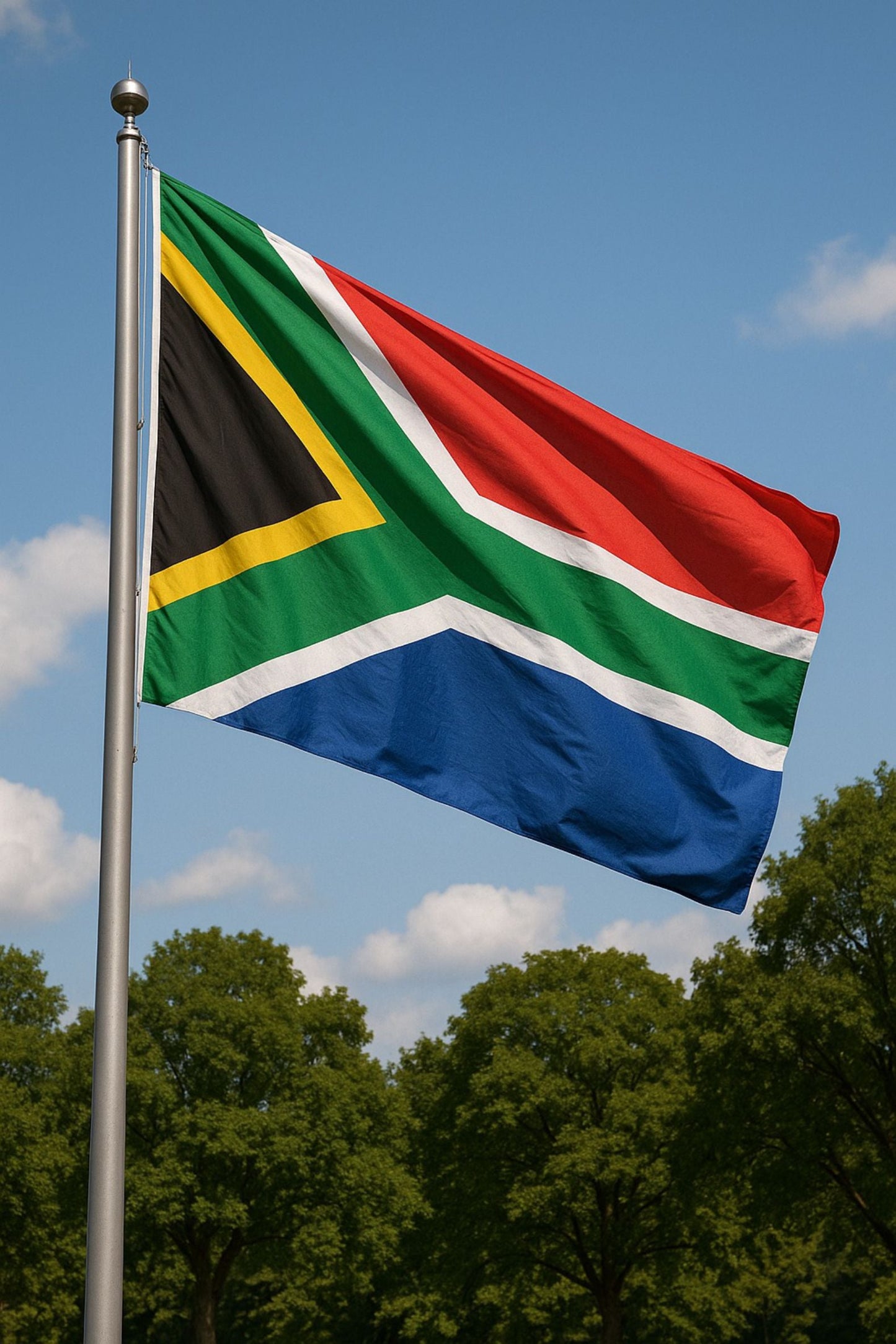 South African flag waving on a metal pole outdoors against blue sky and trees, high quality custom printed country flag by Stam Products