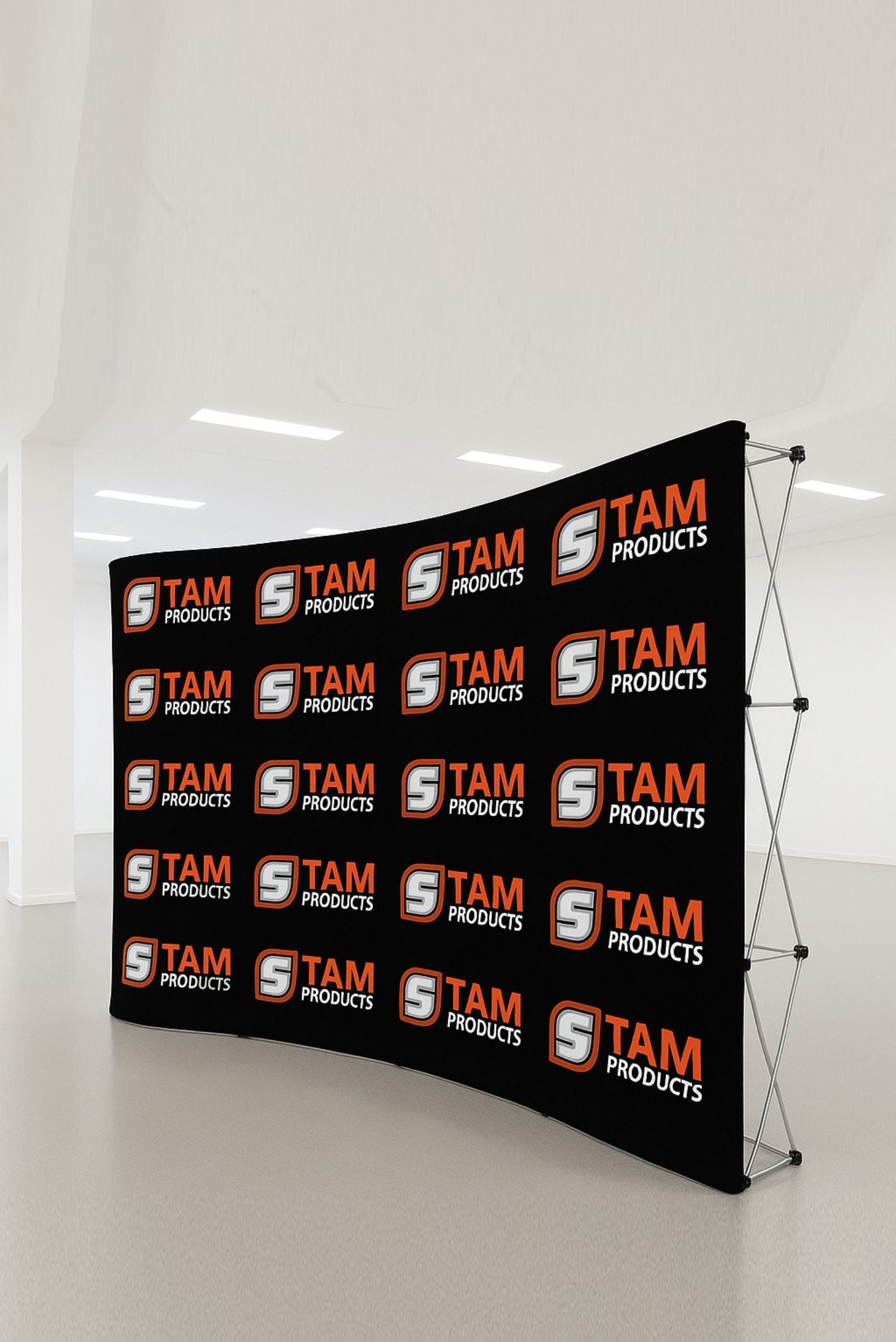 Stam Products Bespoke Printed Branded Curved Wall Banner with repeated logo on black fabric and lightweight aluminium frame.