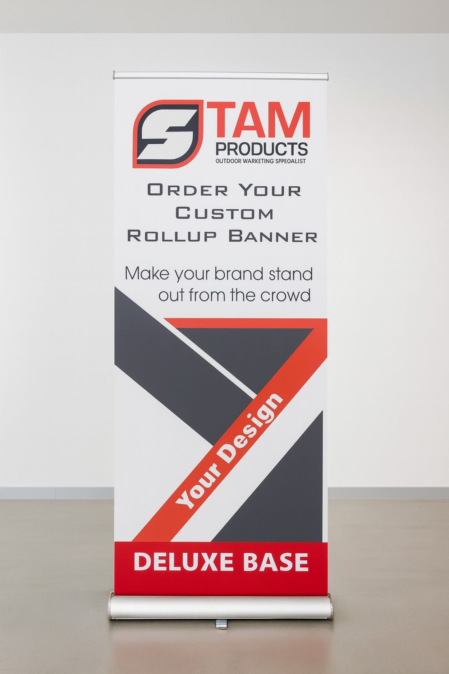 Custom Stam Products Bespoke Printed Branded Rollup Banner with deluxe base and bold design for brand promotion