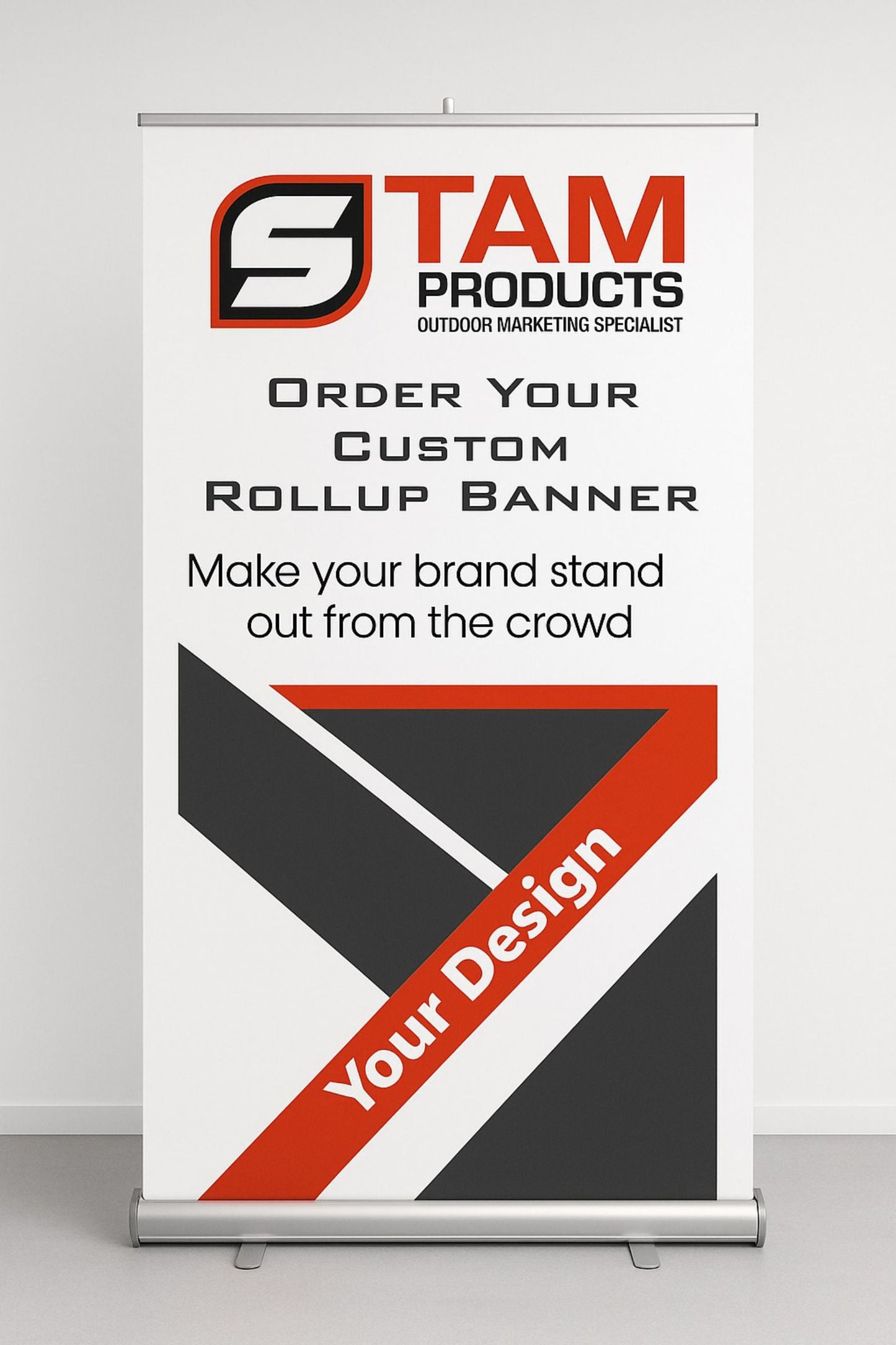 Custom branded rollup banner by Stam Products featuring bold red, black, and white design with promotional text for brand visibility and custom design services.