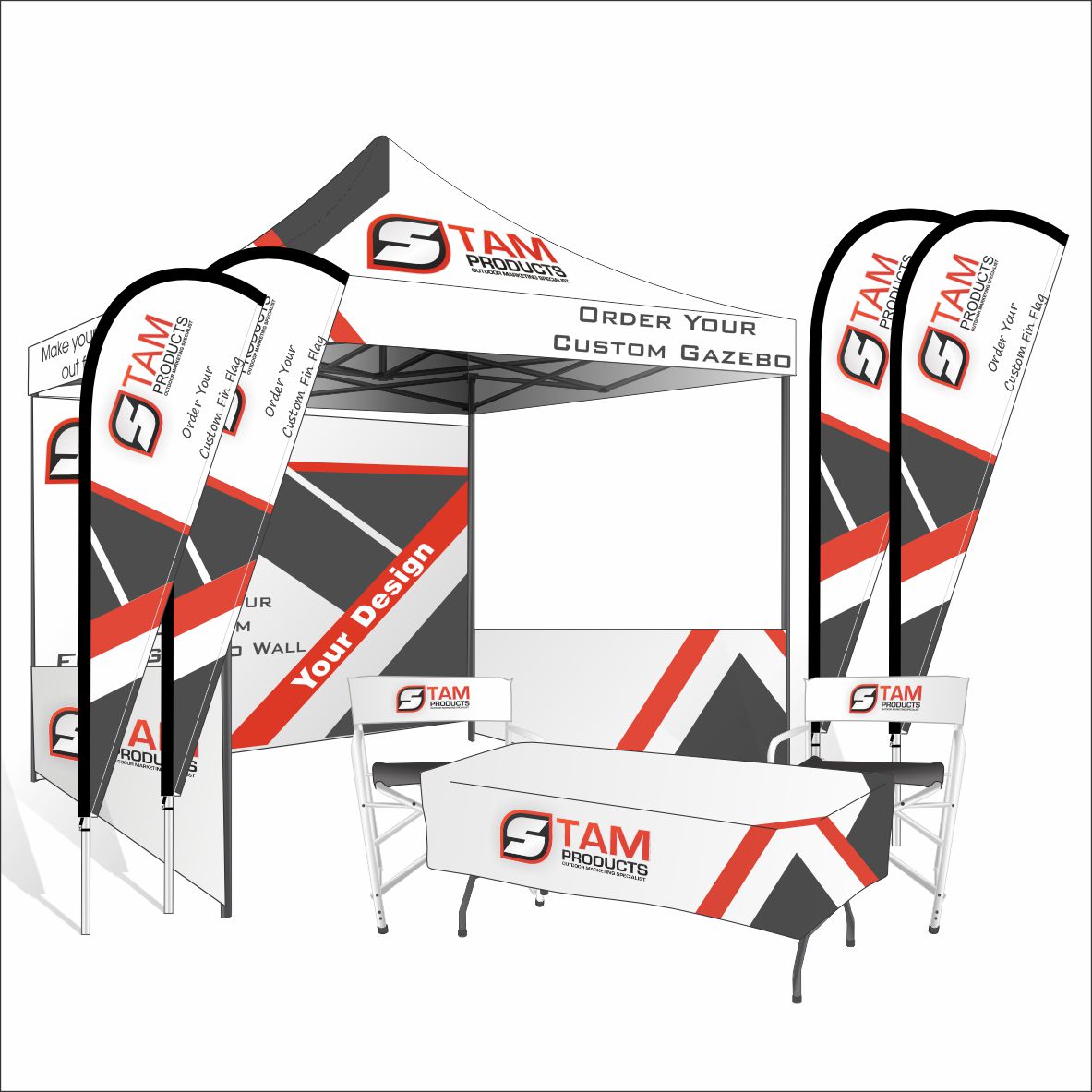 Stam Products branded gazebo combo for events with flags and table setup.