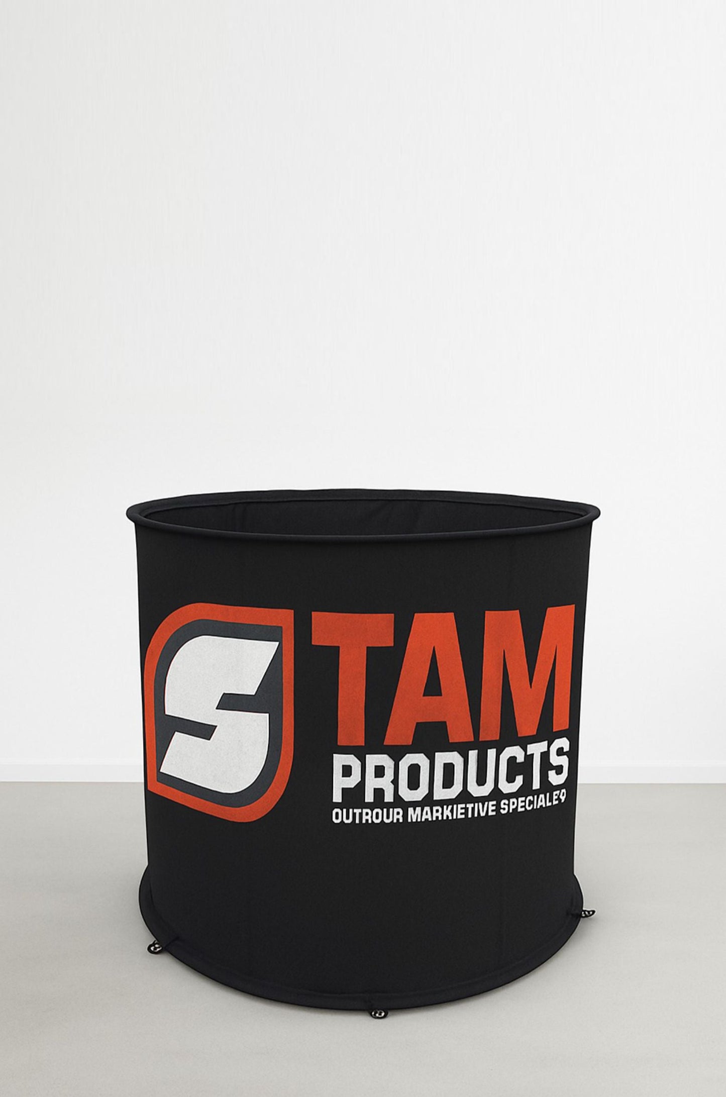 Black custom printed branded event bin 1 meter by Stam Products with logo and marketing text