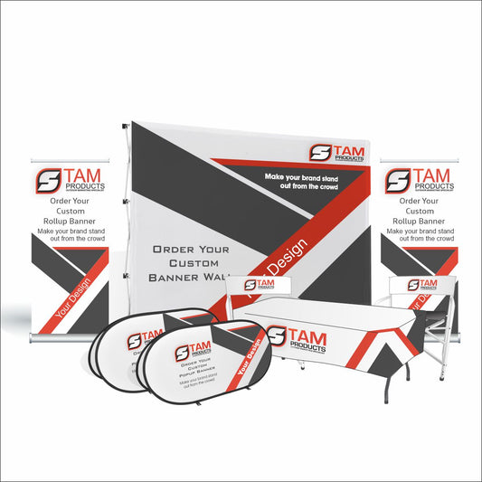 Stam Products Custom Printed Branded Indoor Combo Deal 3 with banners and tablecloth.