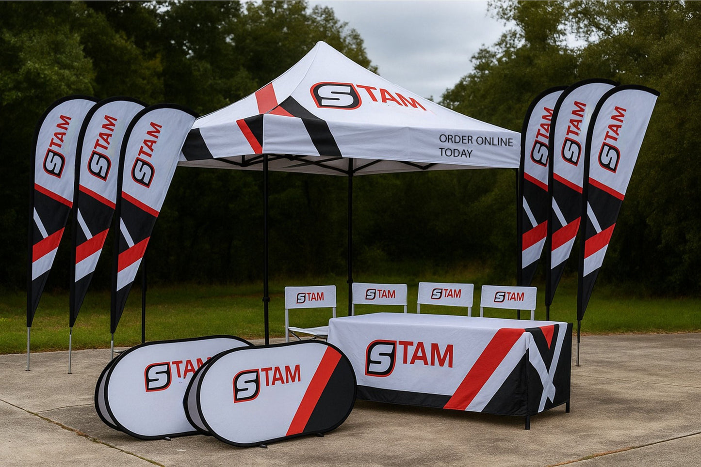 Stam Products Bespoke Branded Gazebo Combo Mega Deal 3 with gazebo, fin flags, directors chairs, tablecloth, pop-up table, and banners in white, red, and black design.