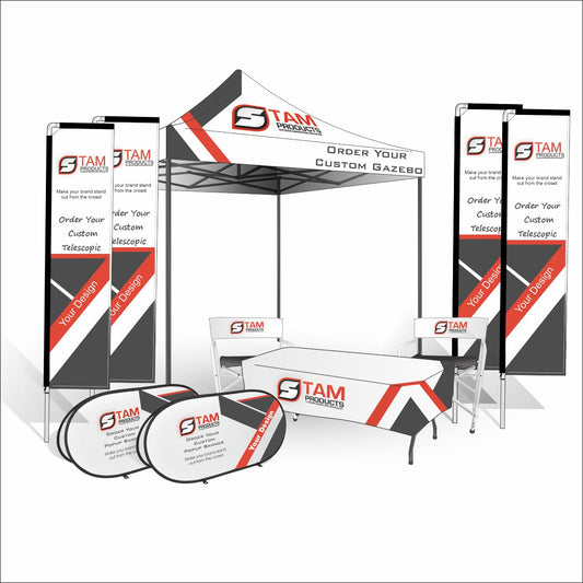 Stam Products custom branded gazebo combo with flags, banners, chairs, and tablecloth.