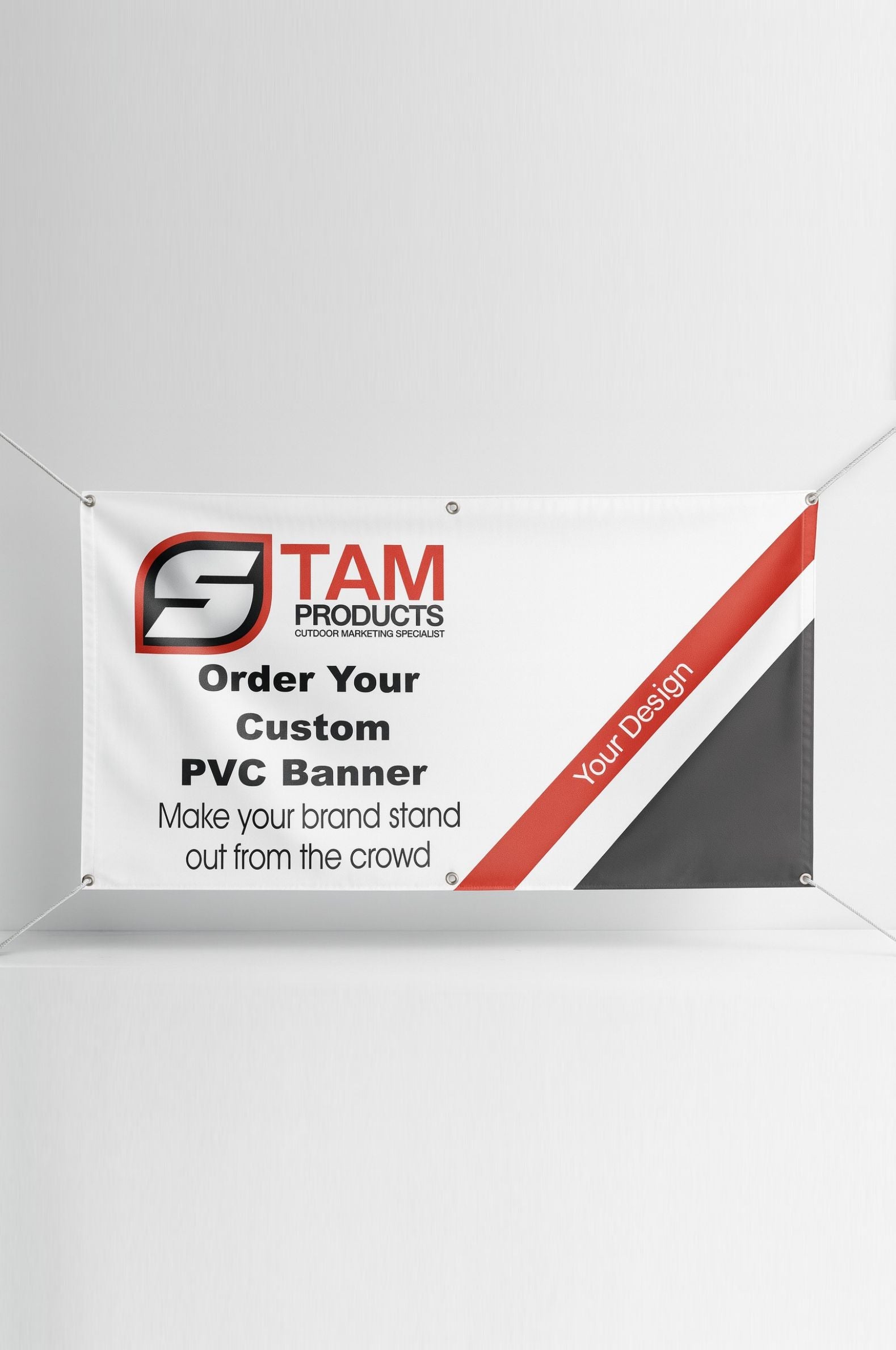 Custom printed bespoke branded PVC banner by Stam Products, 2m x 1m, for outdoor advertising and branding.