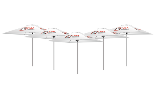 Stam Products custom printed branded umbrella combo with logos on white canvas.