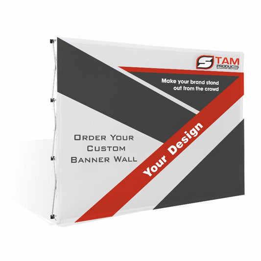 Stam Products Custom Printed Branded Straight Banner Wall featuring your design on durable polyester fabric with a lightweight aluminium frame.