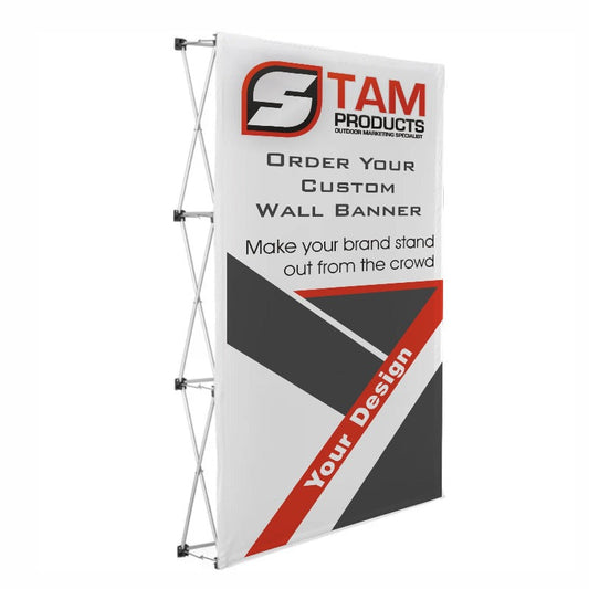 Custom branded straight banner wall from Stam Products with printed design on polyester fabric and lightweight aluminum frame.