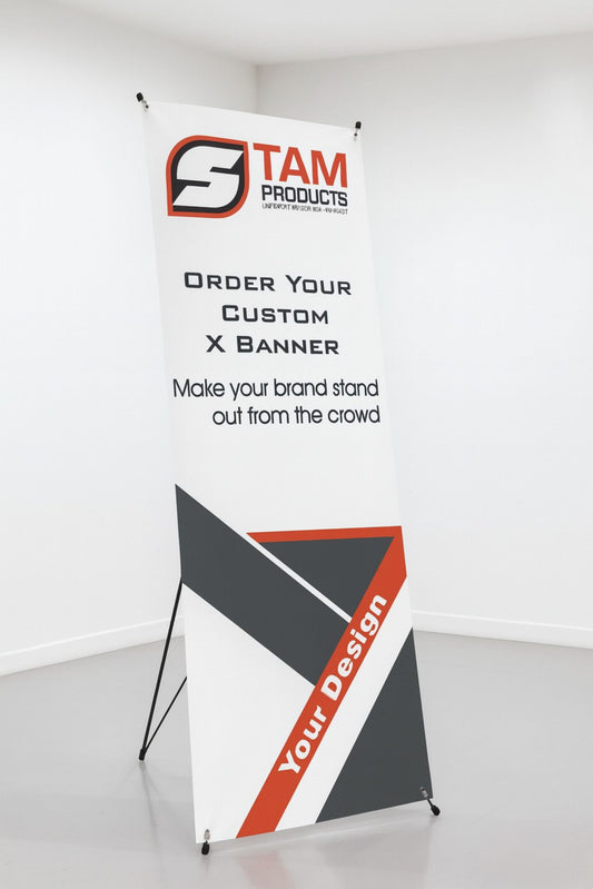 Stam Products Custom Printed Xbase Banner with logo and customizable design for brand promotion
