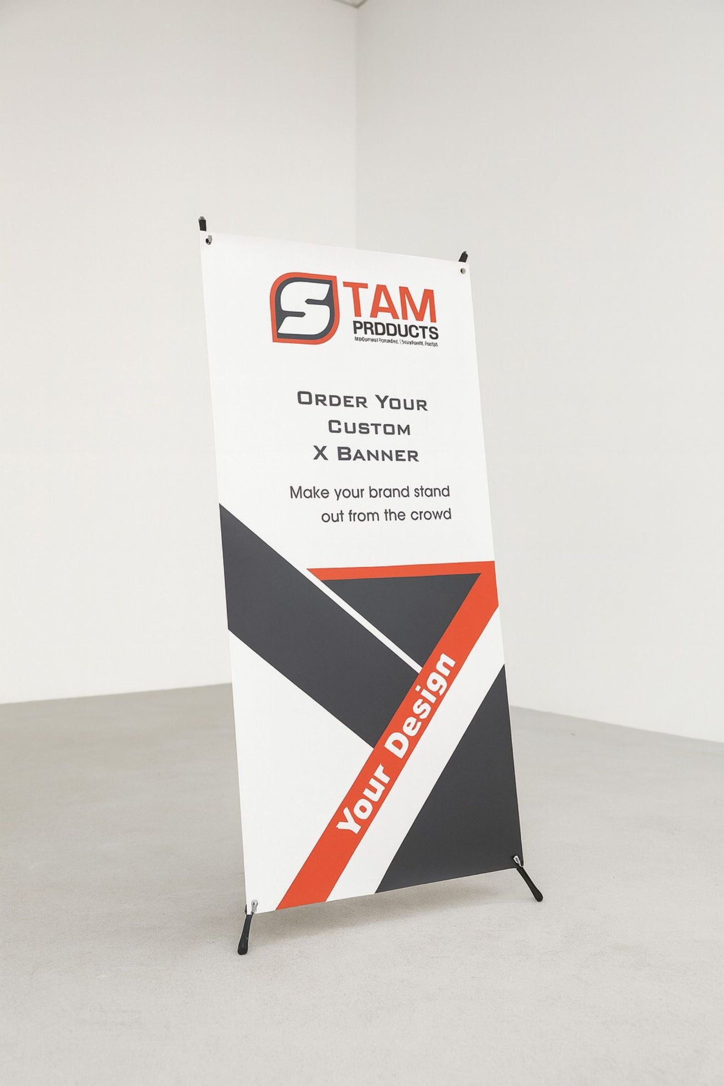 Stam Products custom printed Xbase banner with branding design and sturdy frame in indoor setting