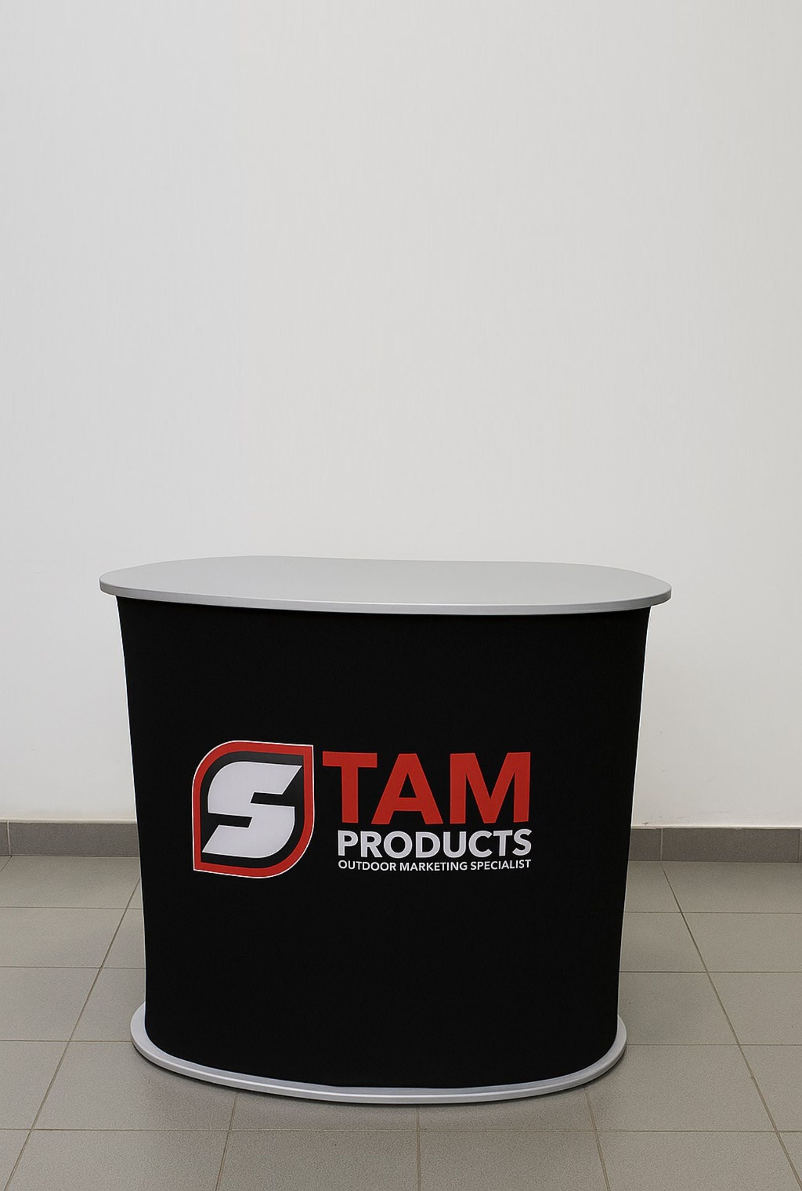 Stam Products custom printed bespoke branded counter with black full-colour printed skin and foldable frame for portable event branding