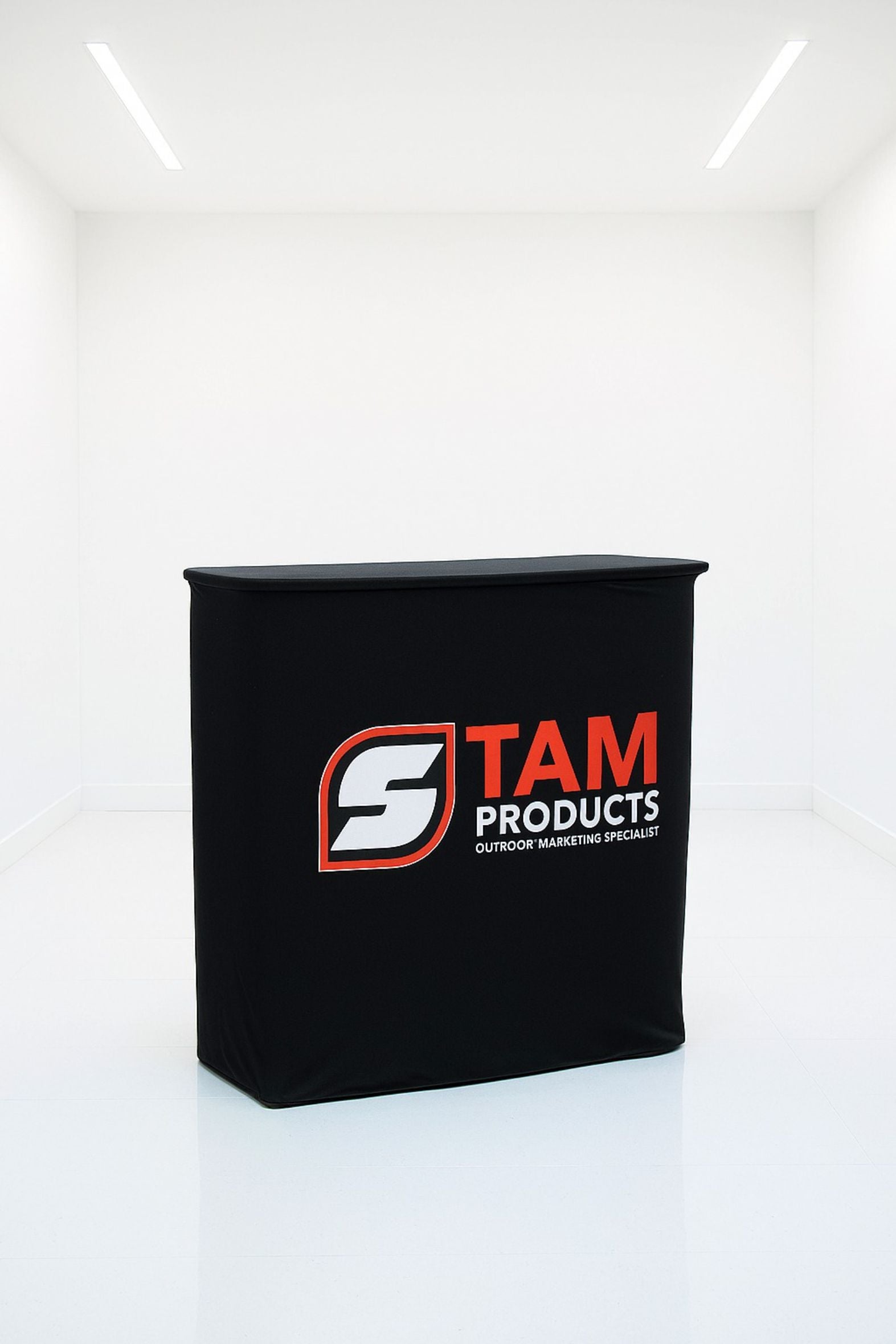 Stam Products custom printed branded counter with black fabric skin and logo for portable event marketing.