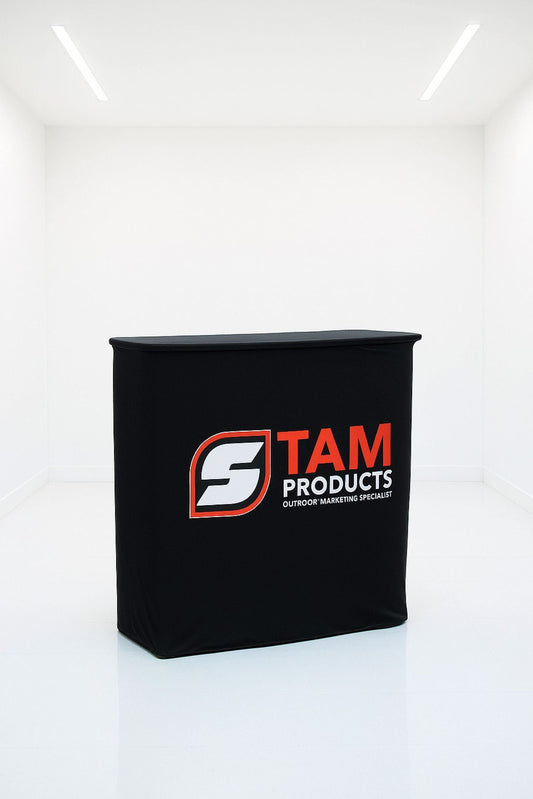 Stam Products custom printed branded counter with black fabric skin and logo for portable event marketing.