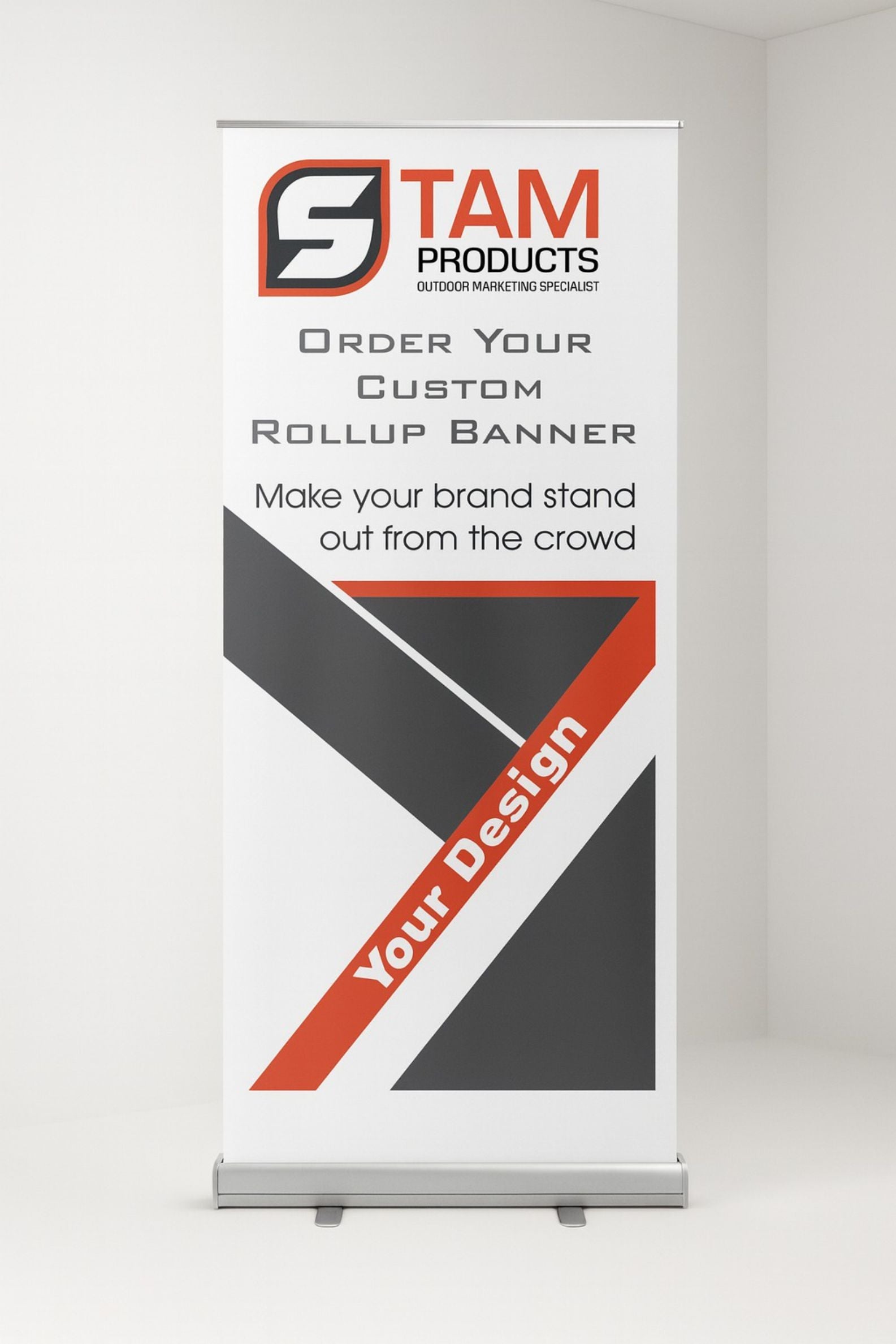Stam Products bespoke printed branded rollup banner with custom design and logo for brand promotion