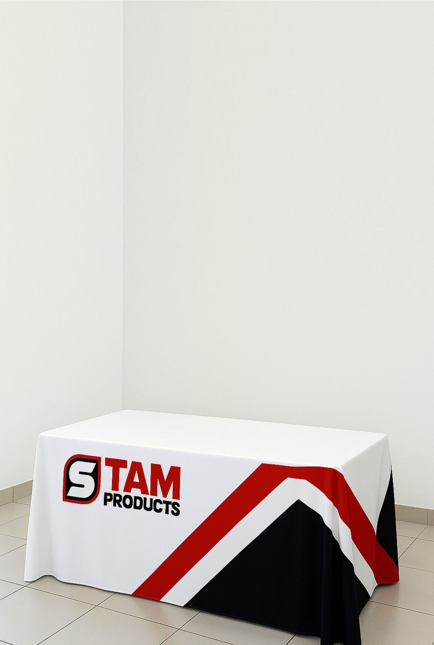 Custom printed branded table cloth by Stam Products with red, black, and white design for professional event displays